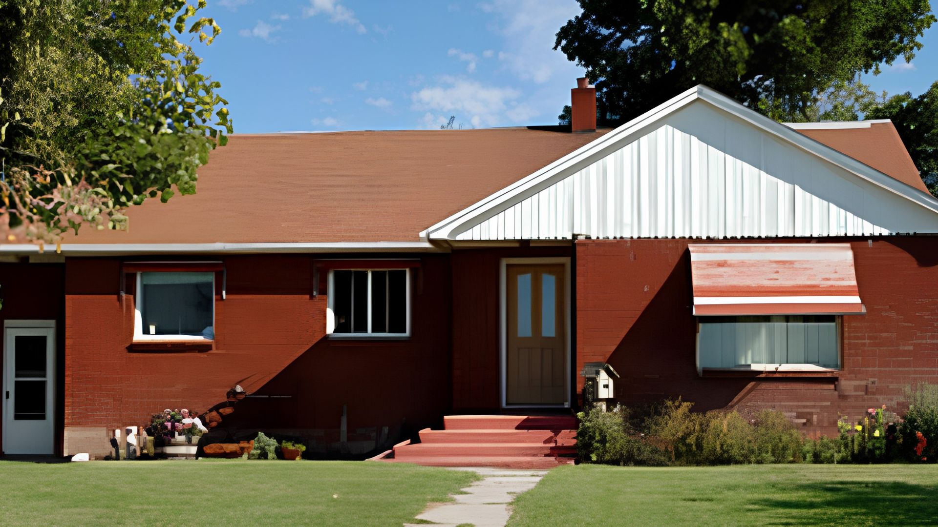 Exterior of the house used as Napoleon Dynamite’s home in Napoleon Dynamite, featuring red brick walls, a wide front lawn, and a simple rural Idaho setting.