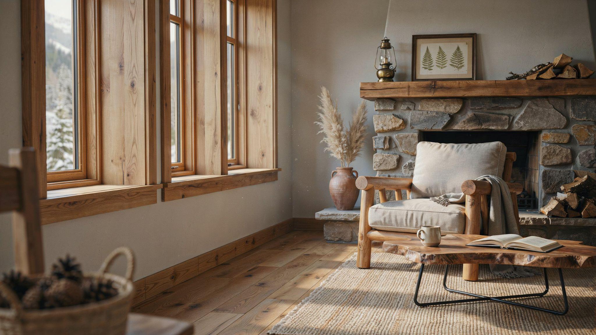 Rustic wood window trim displaying natural grain and warm organic character.