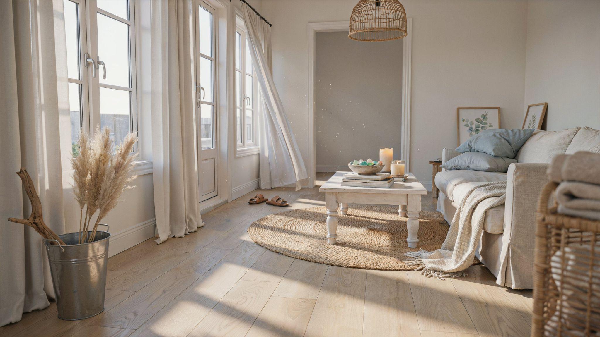 Coastal white window trim enhancing bright airy seaside-inspired interior spaces.