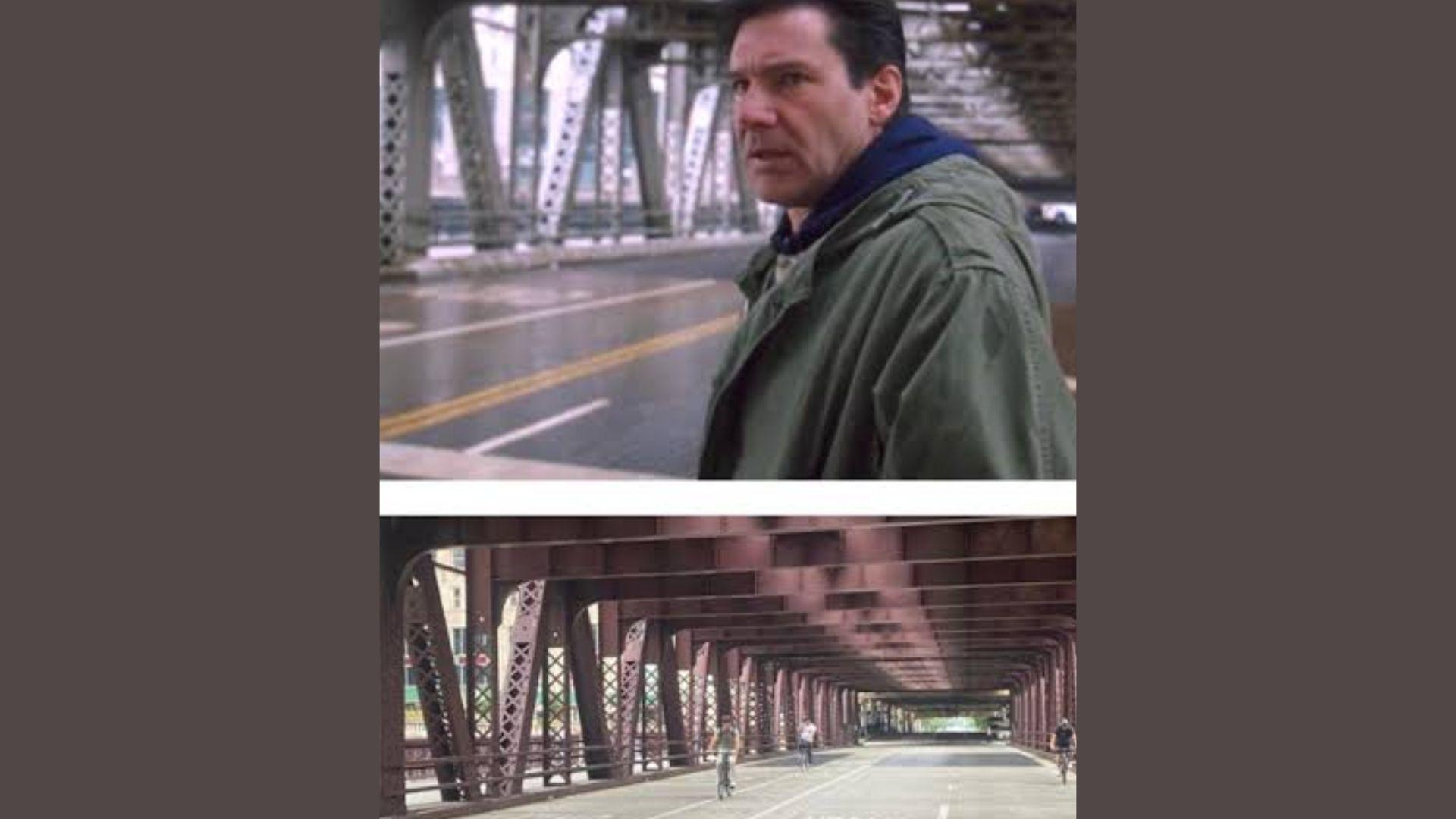 Harrison Ford on Chicago bridge, The Fugitive movie scene
