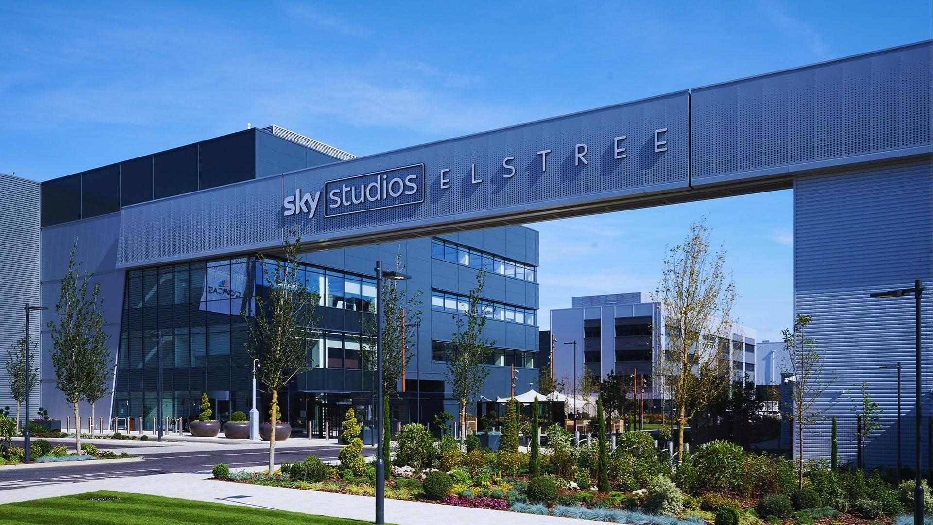 Sky Studios Elstree entrance and modern buildings, major soundstage facility for Wicked filming in UK.