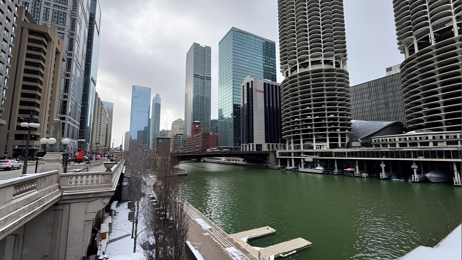 Marina City towers along Chicago River in winter, The Fugitive filming location