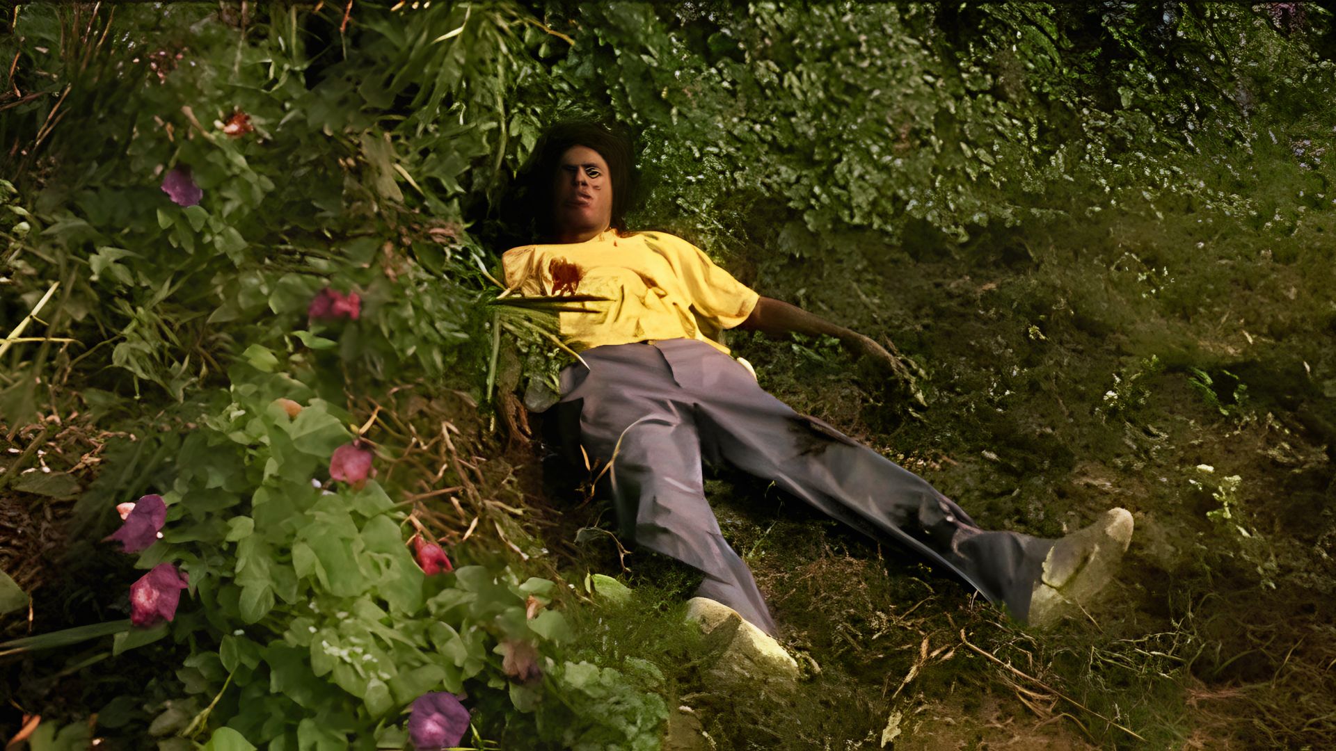 Man in yellow shirt lying in bushes with purple flowers, dramatic lighting.