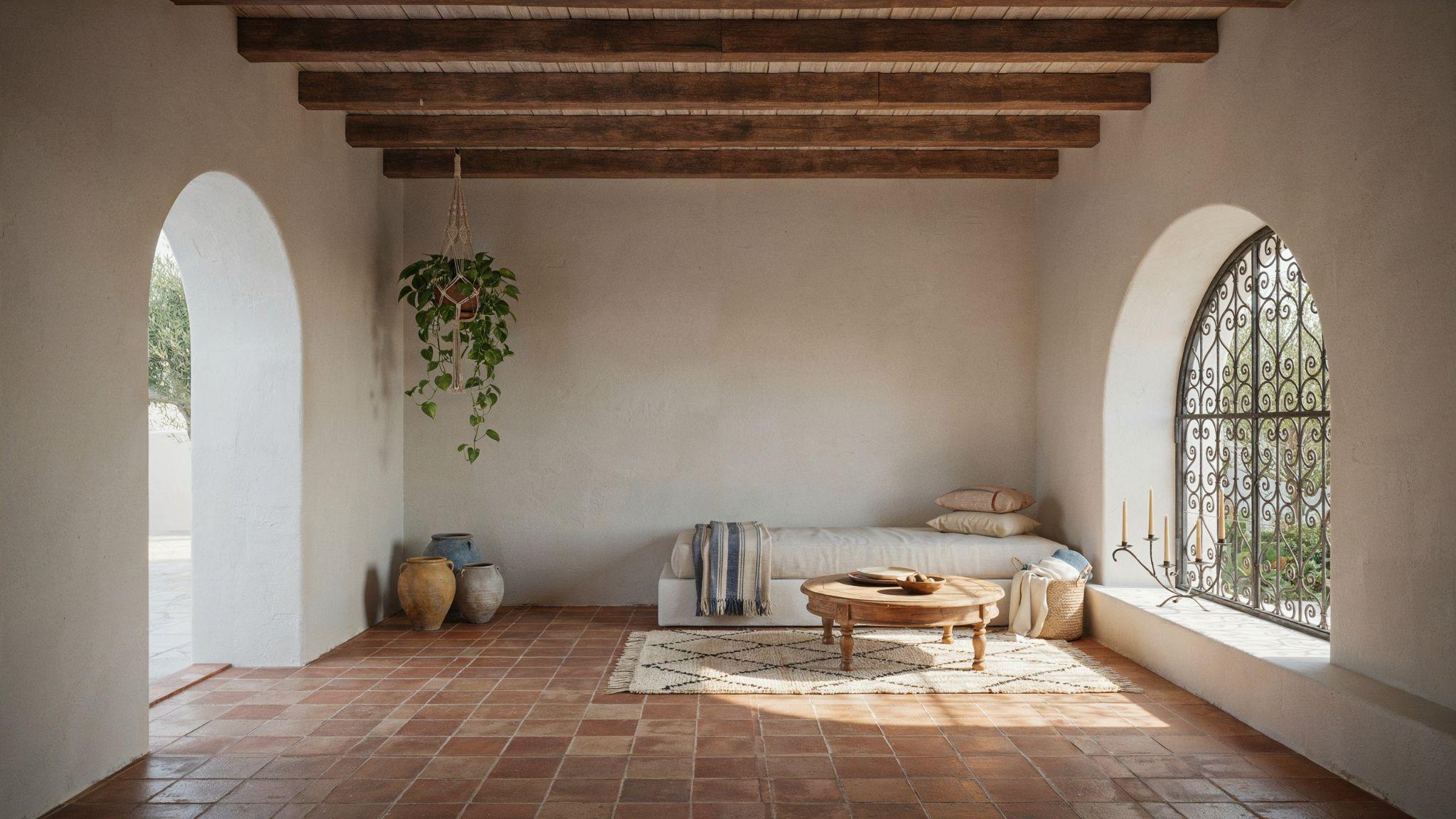 Mediterranean-style interior with white walls, wooden beams, arches, and terracotta flooring in a warm sunlit room.