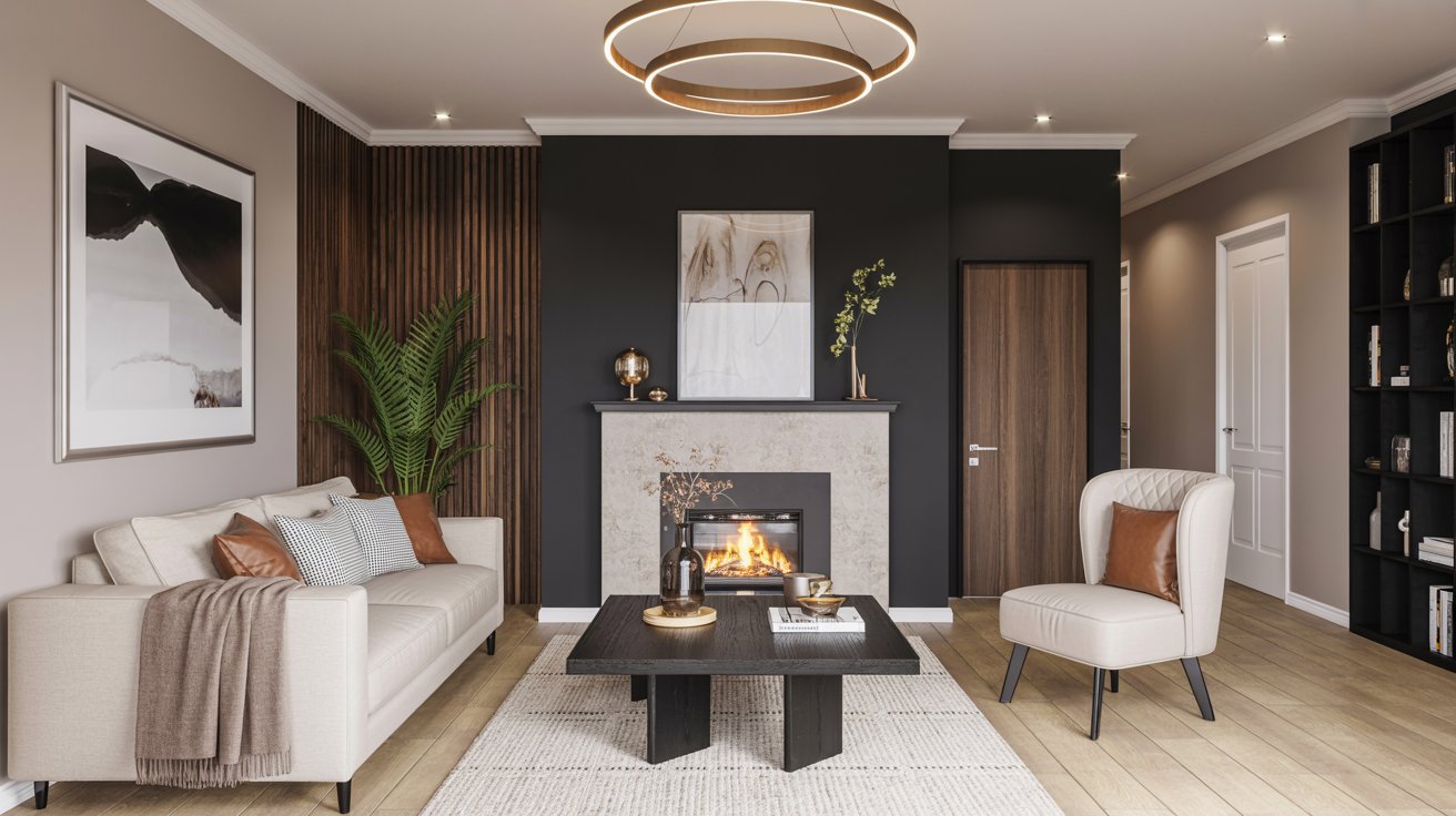 Living room with black accent wall behind a sofa, warm lighting, and soft furnishings.