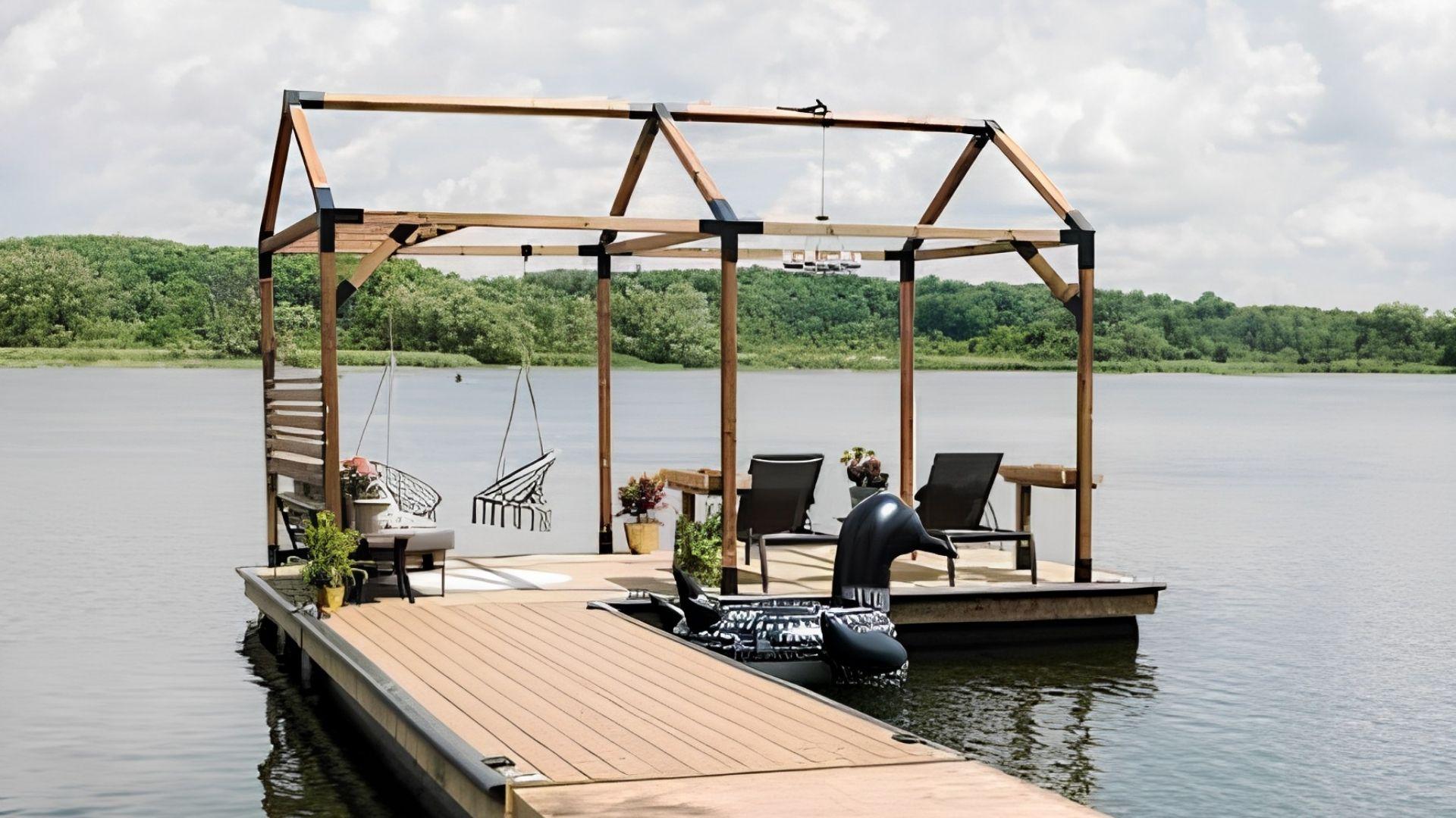 Renovation Resort Showdown. Styled floating dock on a calm lake with a wood-frame pergola.