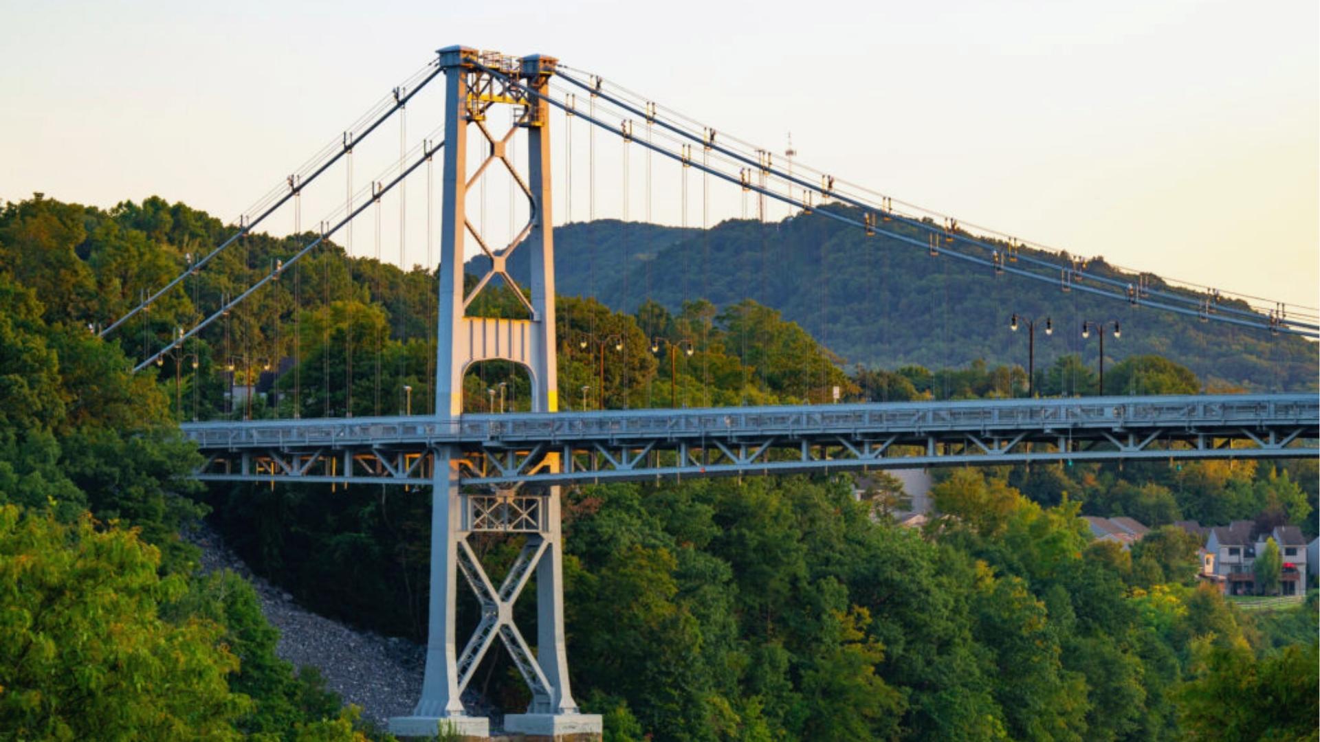 Mid-Hudson Bridge at sunset, real-world inspiration for the bridge seen near Lumon in Severance.