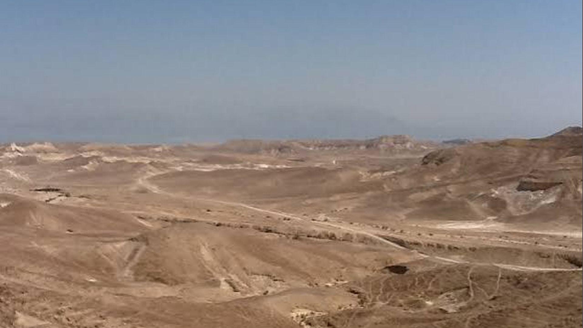 Wide view of the arid Negev Desert landscape in Israel used for Jesus Christ Superstar desert scenes.