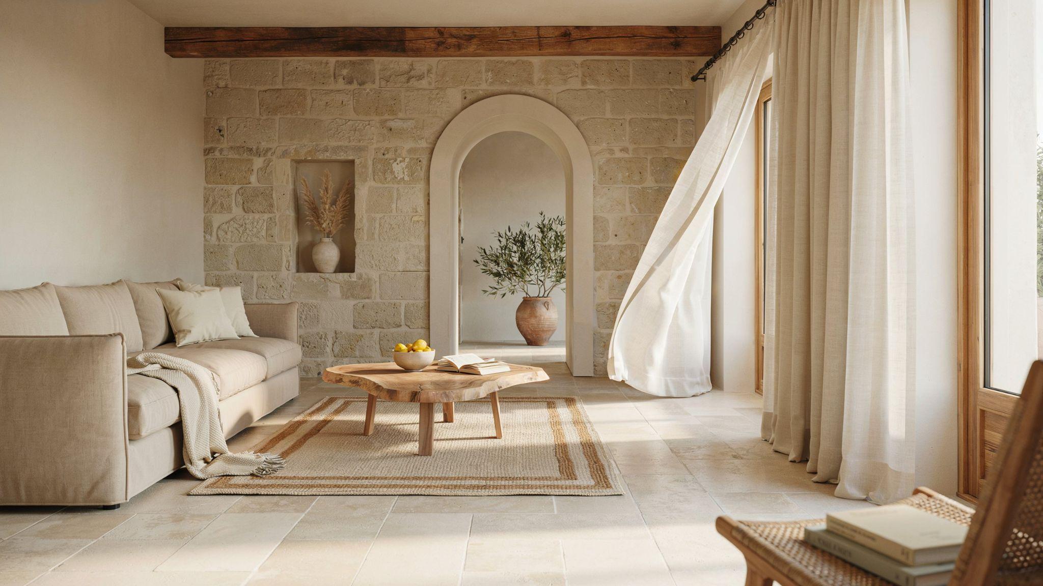 Modern Mediterranean home interior with neutral tones, natural wood furniture, arches, and soft sunlight in a warm airy space.