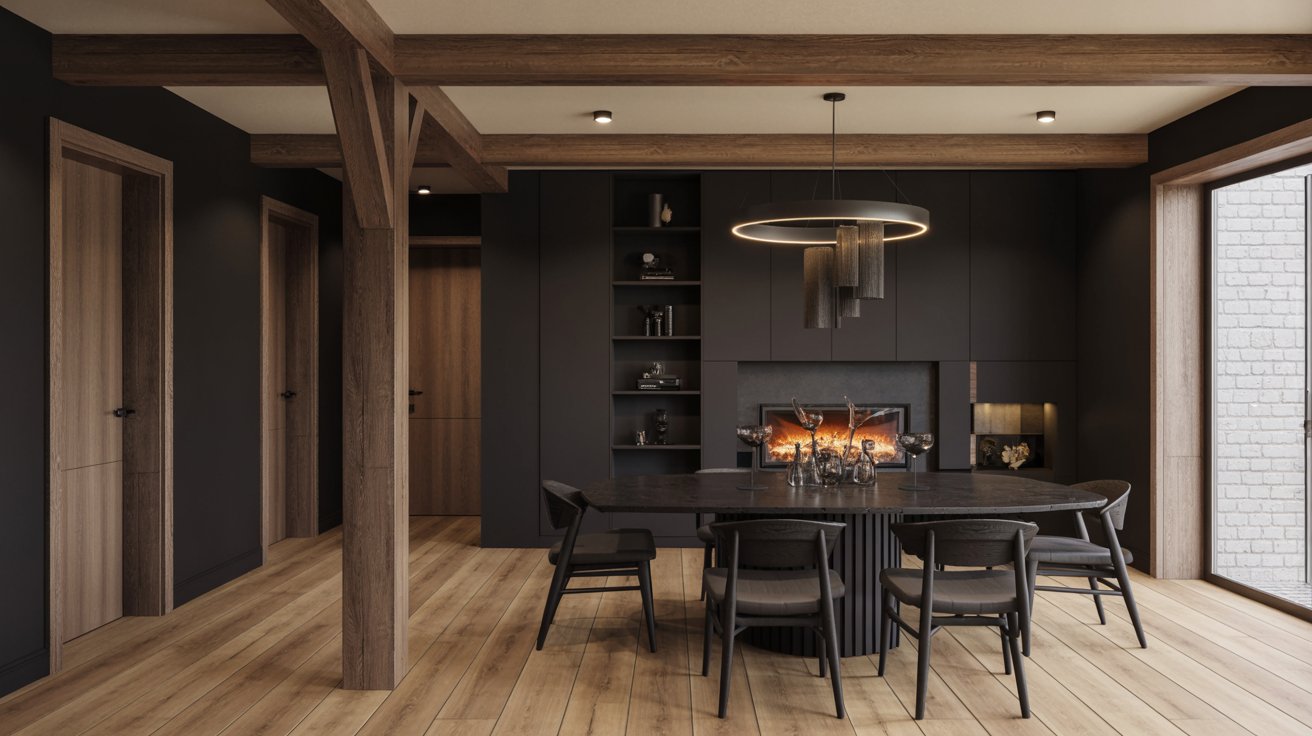 Black interior paired with natural wood flooring, furniture, and exposed beams.