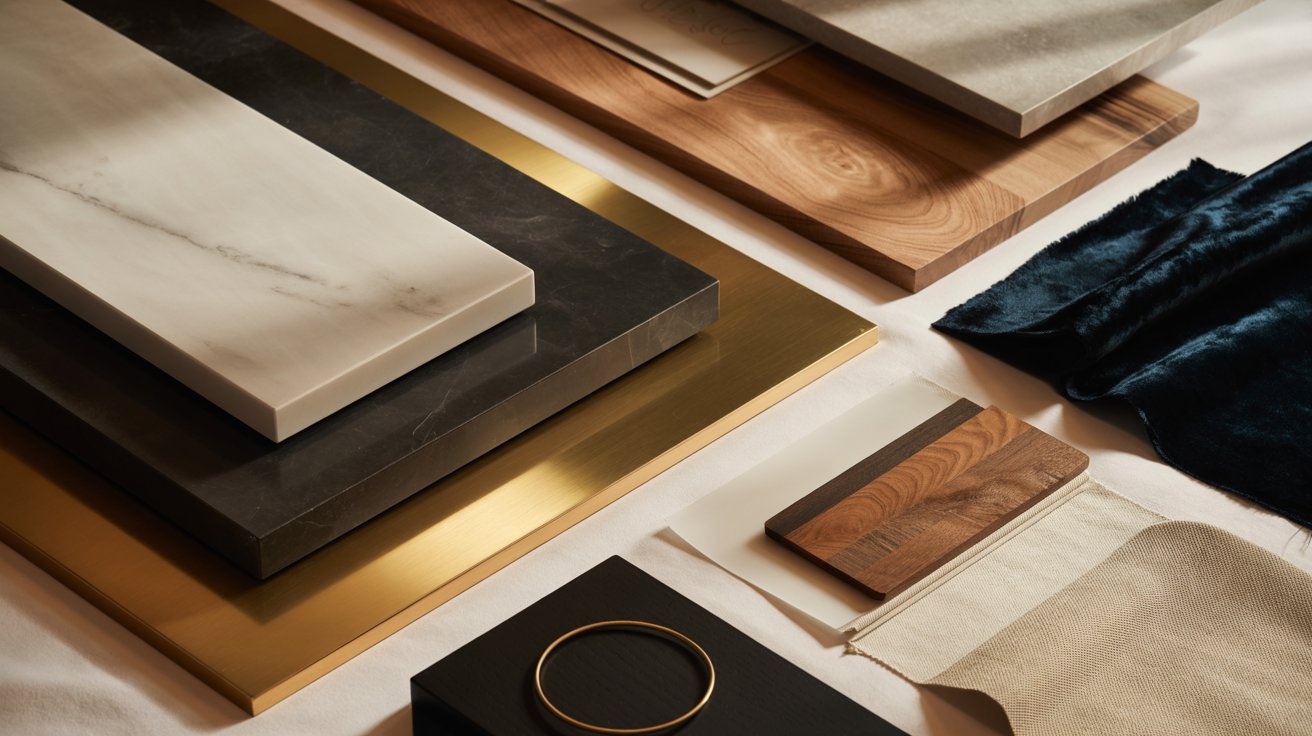 Black interior materials including wood, marble, metal, velvet, and linen displayed together.