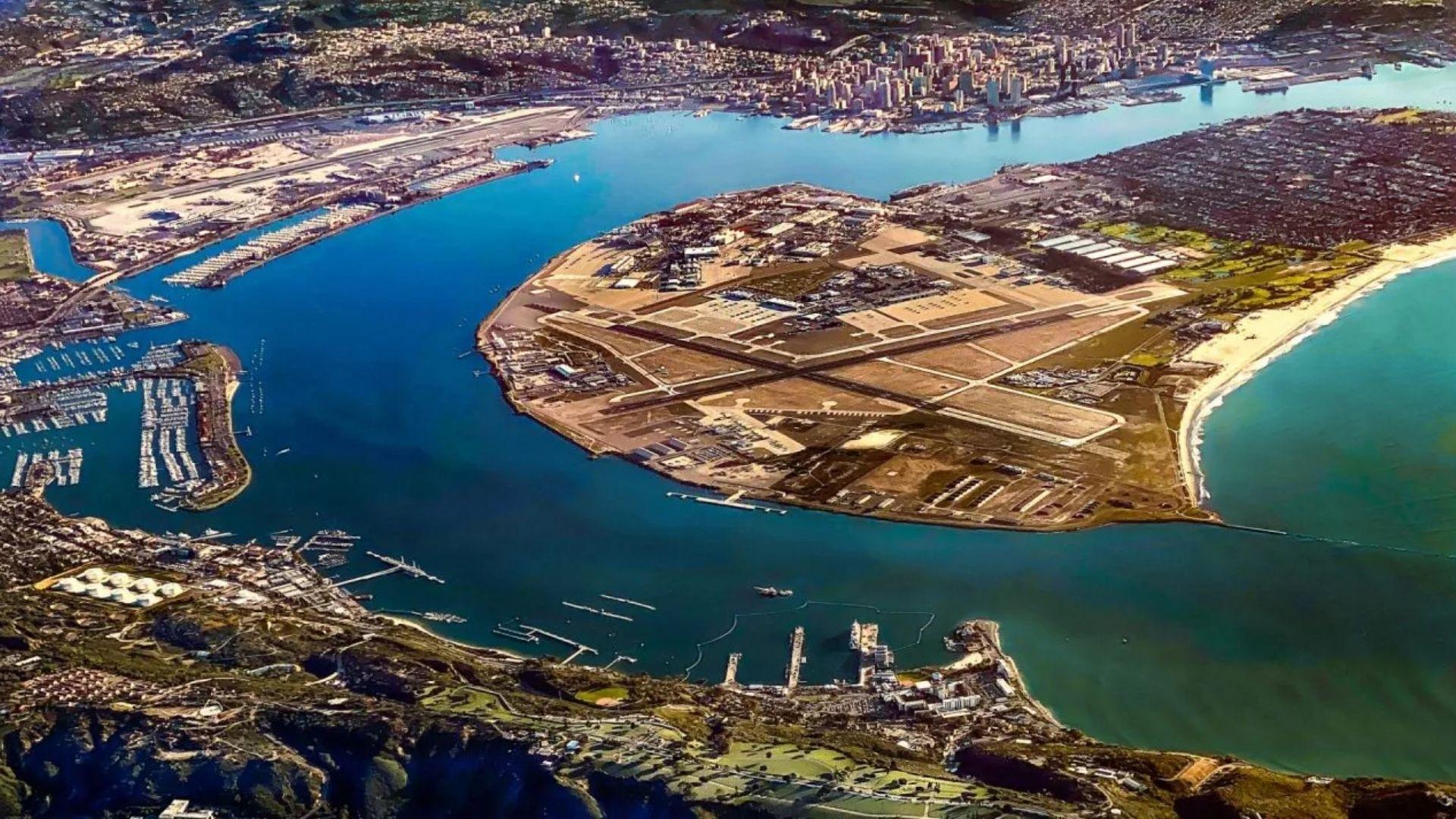 Filming location for Top Gun: Maverick. Aerial of NAS North Island peninsula in San Diego Bay.