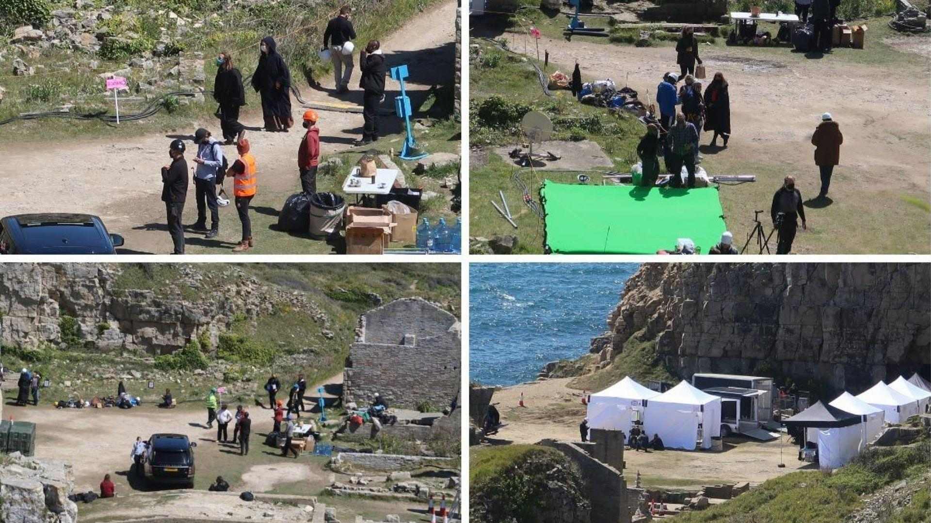 Four-panel behind-the-scenes collage at Botallack Mine, Cornwall, showing green screen setup.