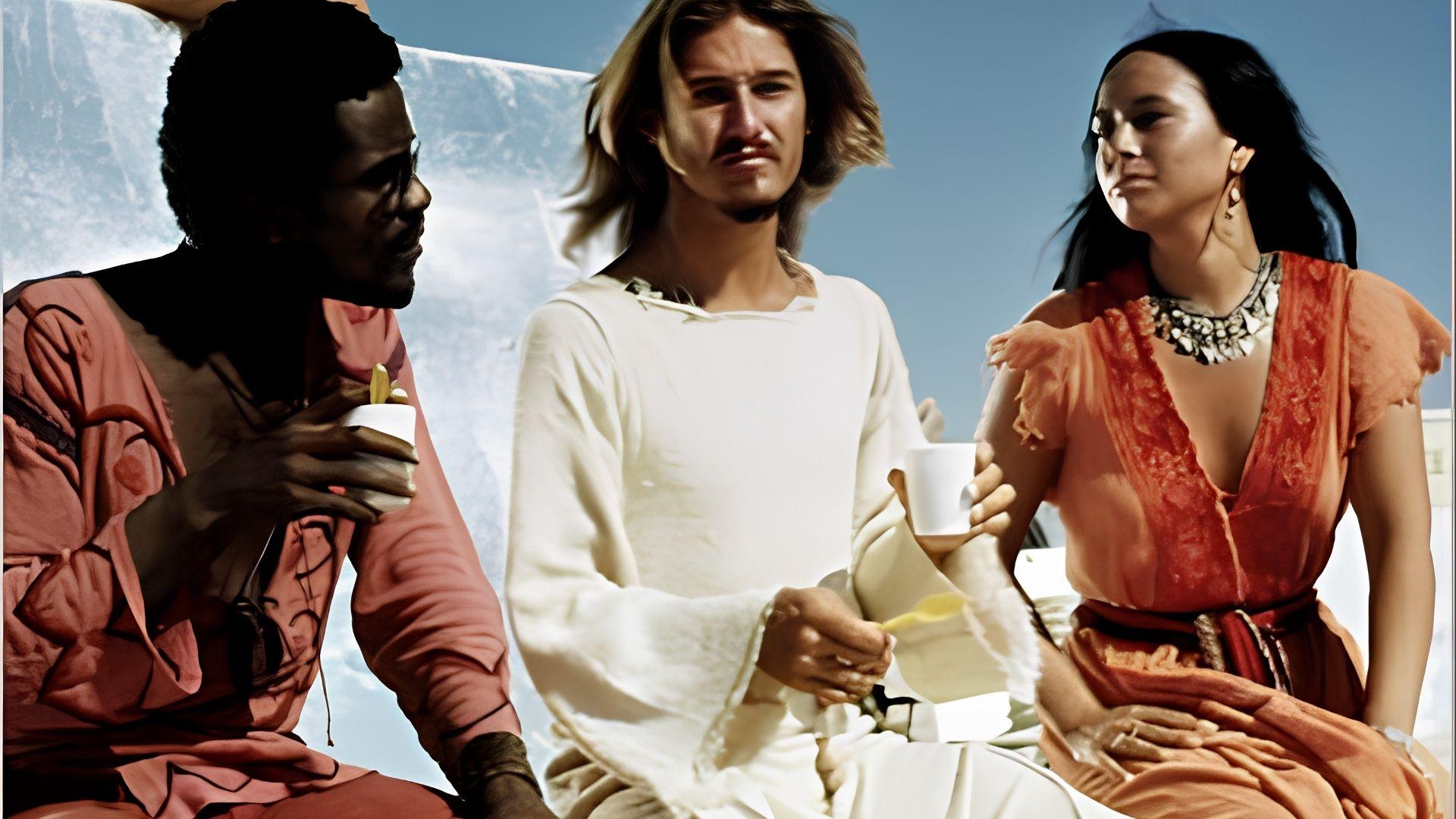 Jesus, Judas, and Mary Magdalene actors in costume holding cups on set of Jesus Christ Superstar.