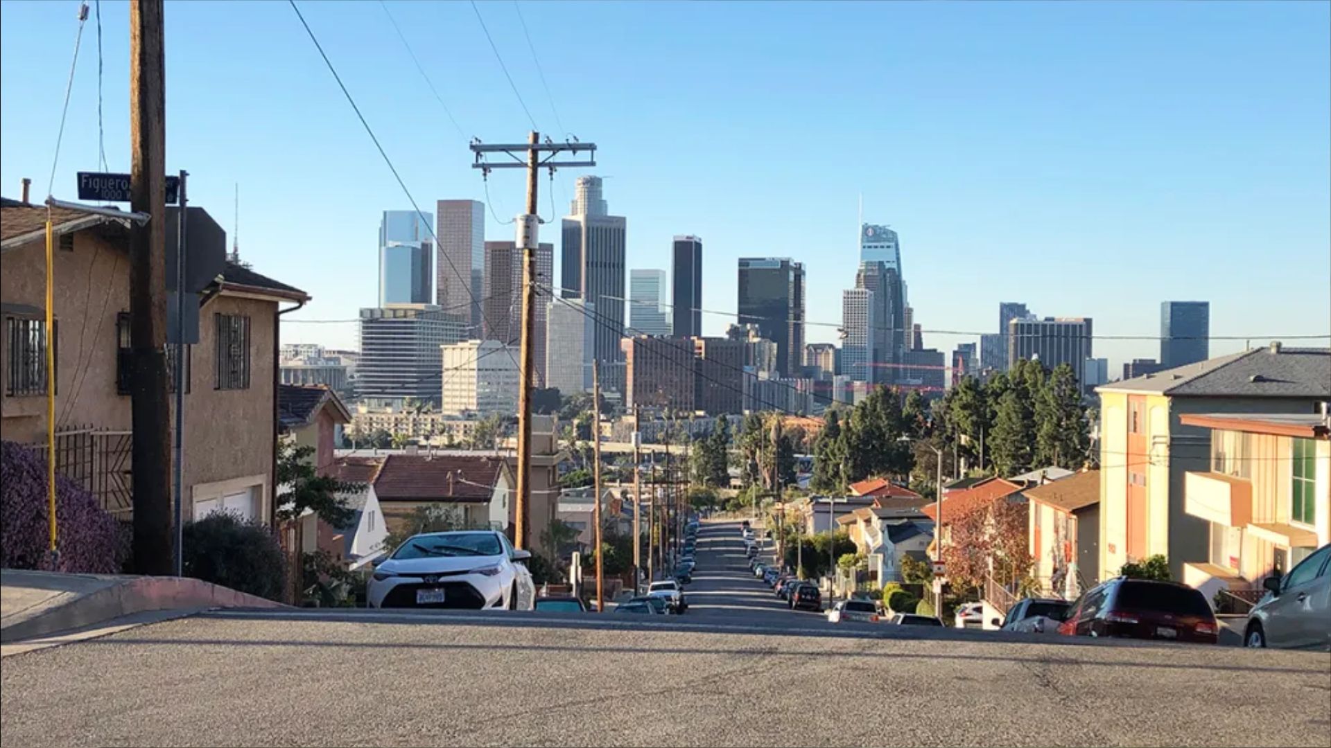 Figueroa Terrace street sign in Echo Park Los Angeles with Downtown skyline view where Little Rascals clubhouse scenes were filmed