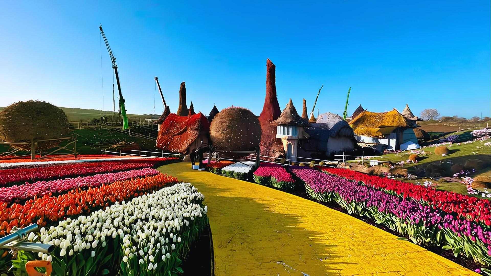 Munchkinland tulip fields and Yellow Brick Road set built at Ivinghoe, UK for Wicked movie.