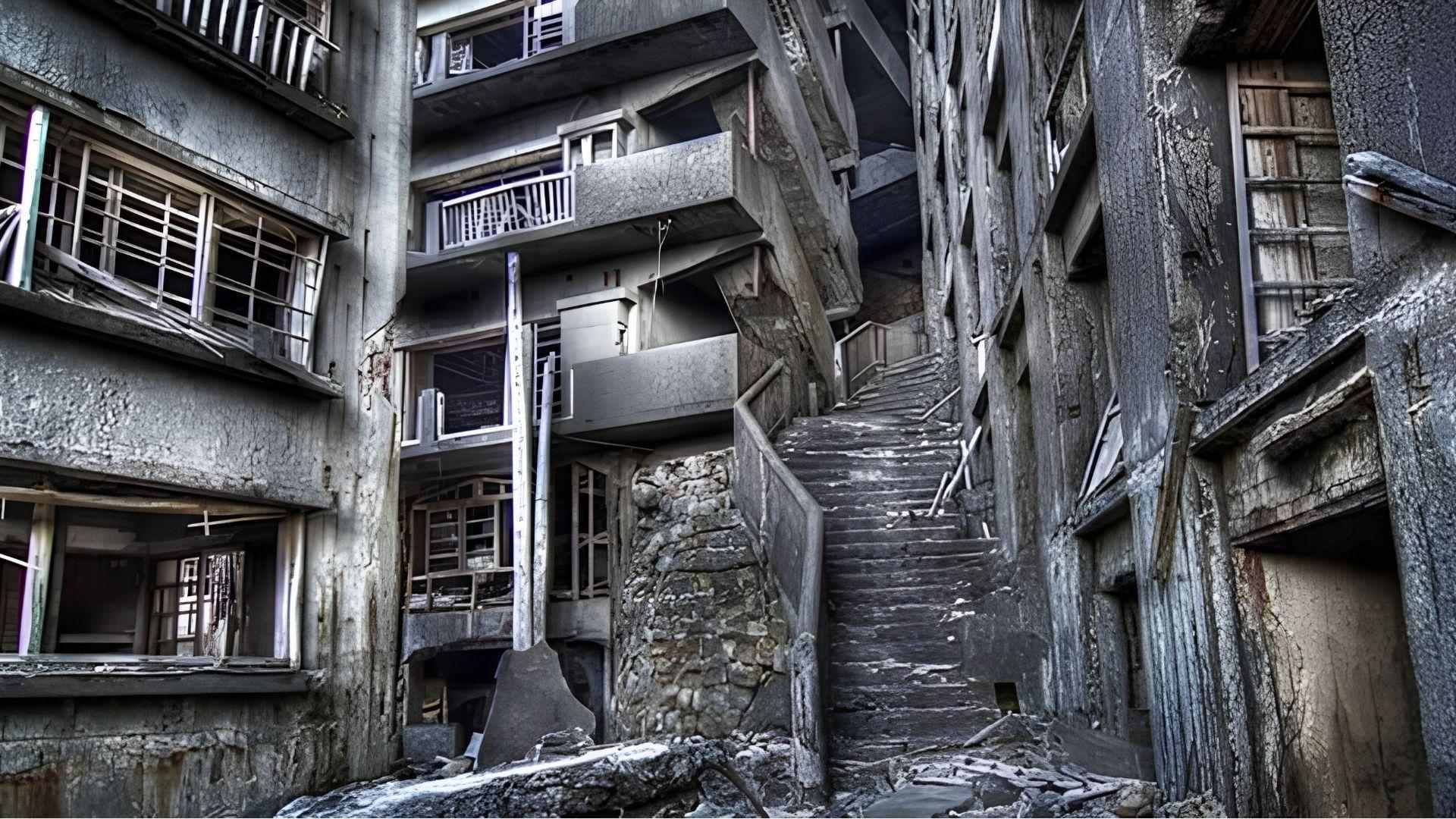 Abandoned concrete buildings on Hashima Island, Skyfall’s Dead City
