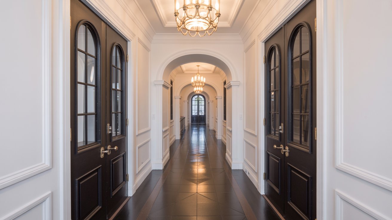 Black interior doors paired with white walls in a bright hallway.