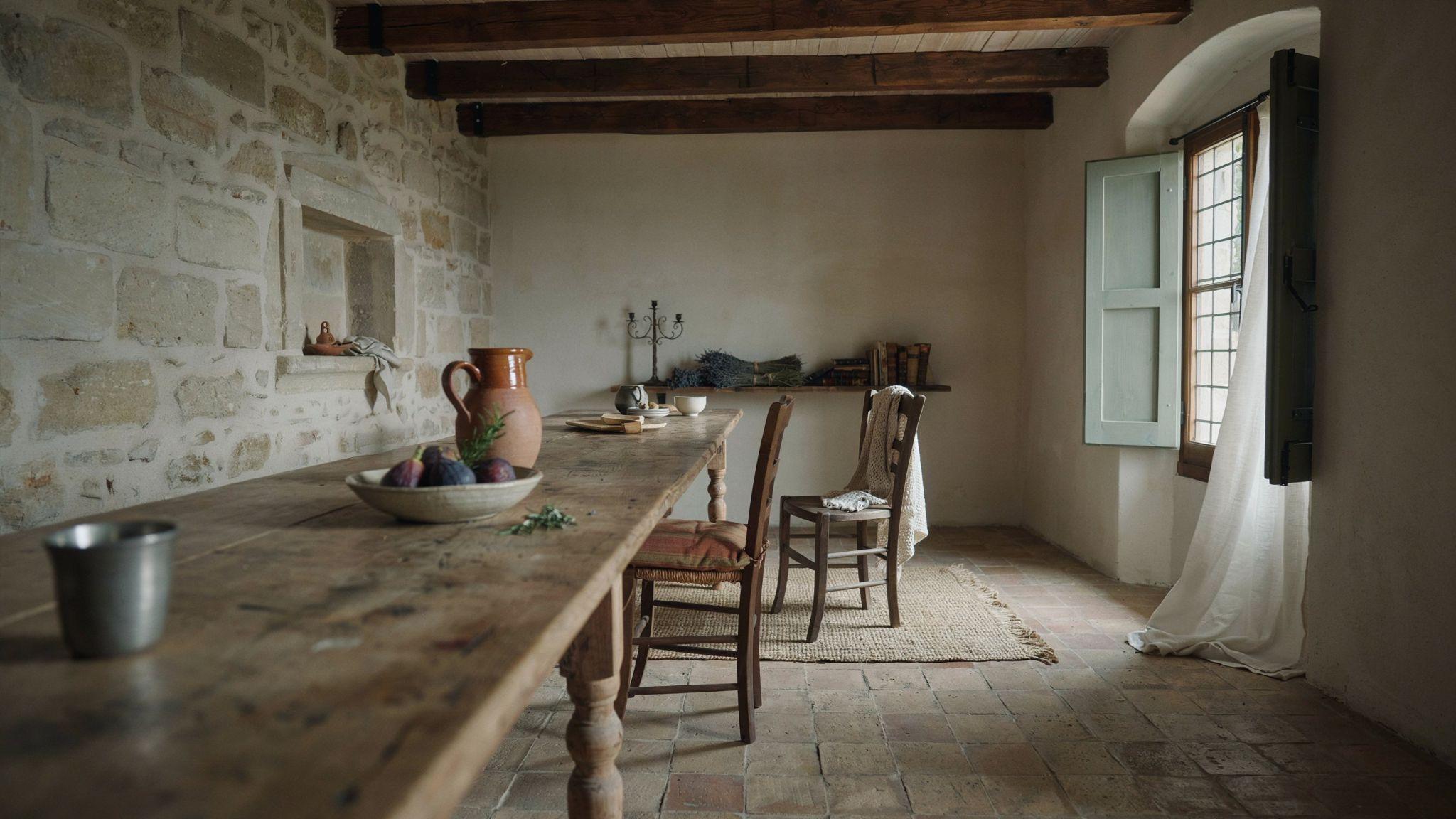 Rustic Mediterranean interior with stone walls, wood beams, and earthy warm tones in a cozy space.
