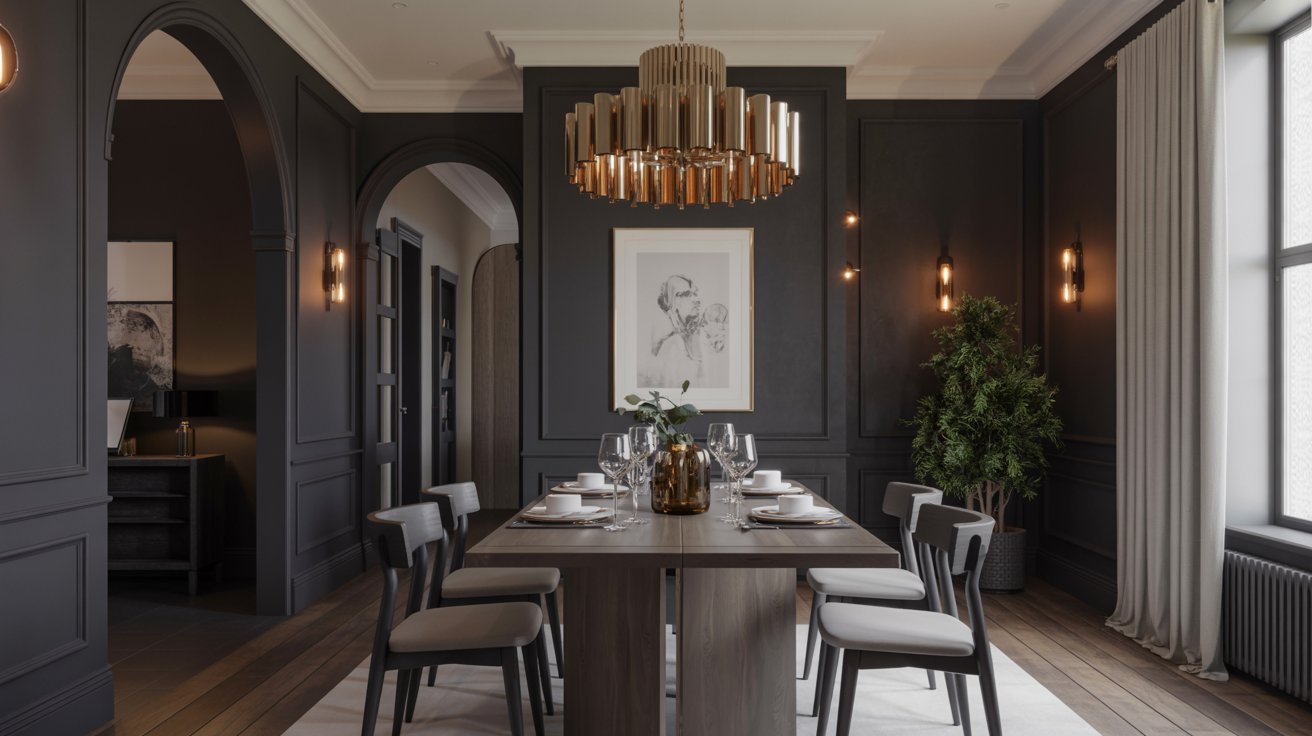 Black dining room with dark walls, a wood dining table, brass chandelier, and warm ambient lighting.