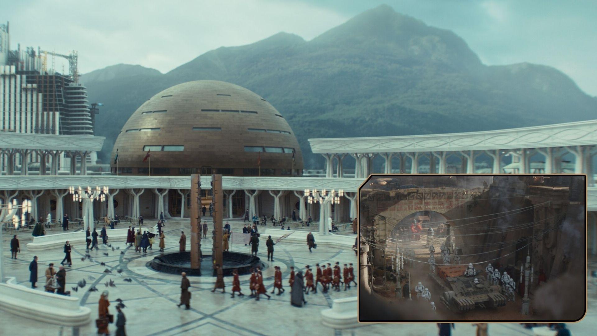 VFX shot of a grand plaza with golden dome and white colonnades, with a