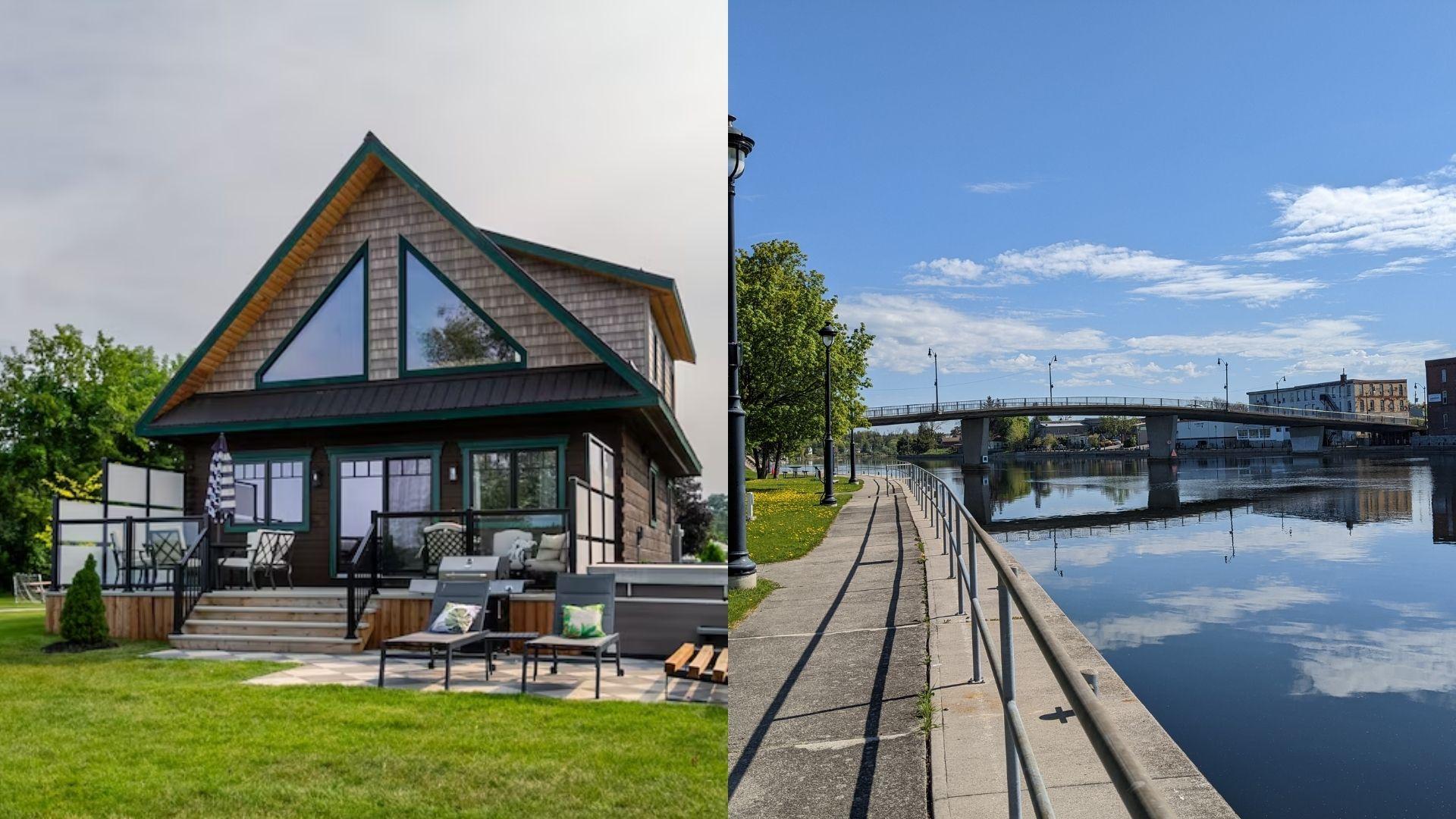 Renovation Resort Showdown. Split image: cedar A-frame cottage with patio, sunny riverwalk promenade.