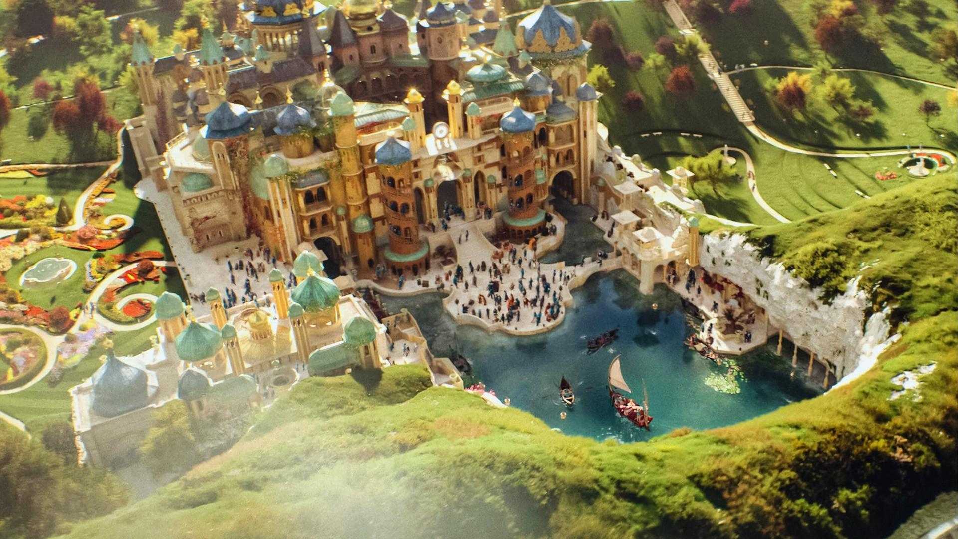 Aerial of Shiz University set with lake and domes, built at Sky Studios Elstree for Wicked.