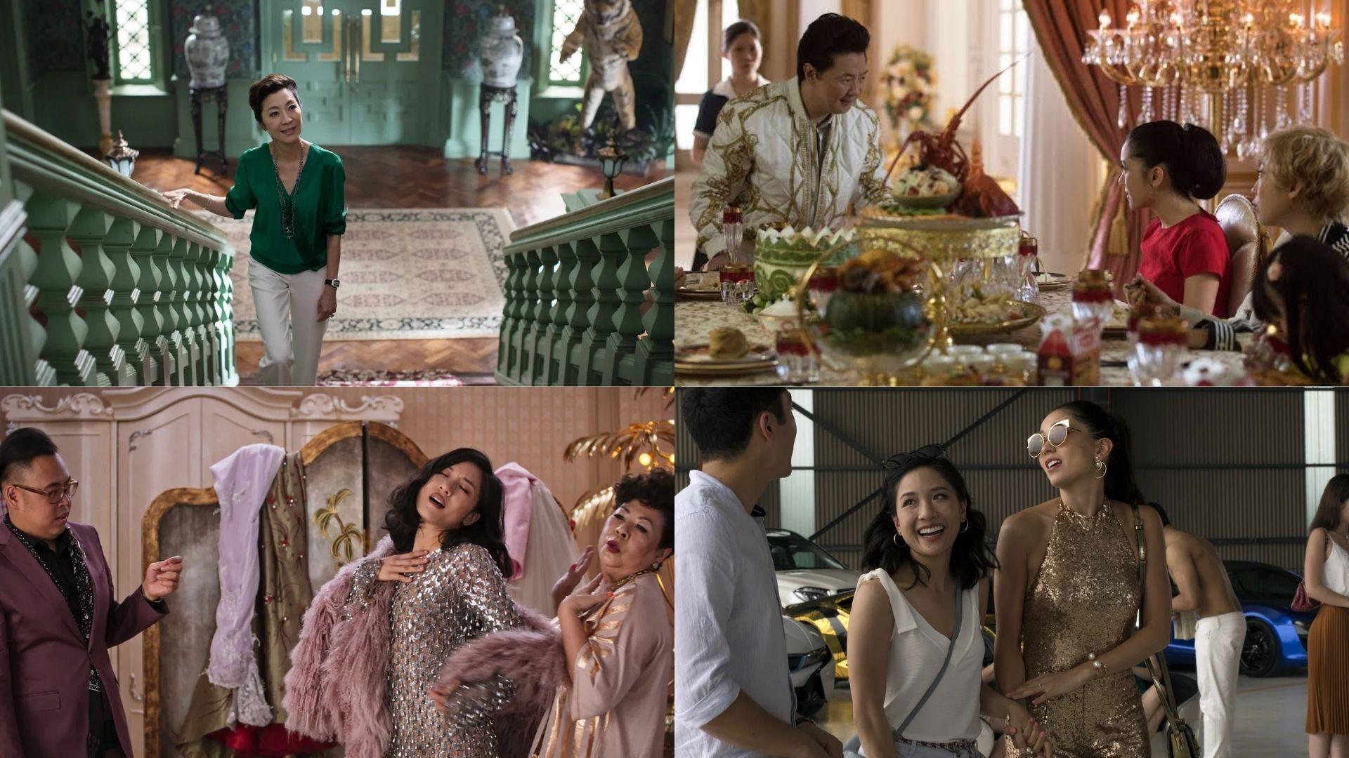 Four-panel collage of Crazy Rich Asians scenes: grand mansion, lavish dinner table, sparkly dress fitting, and a luxury car garage.