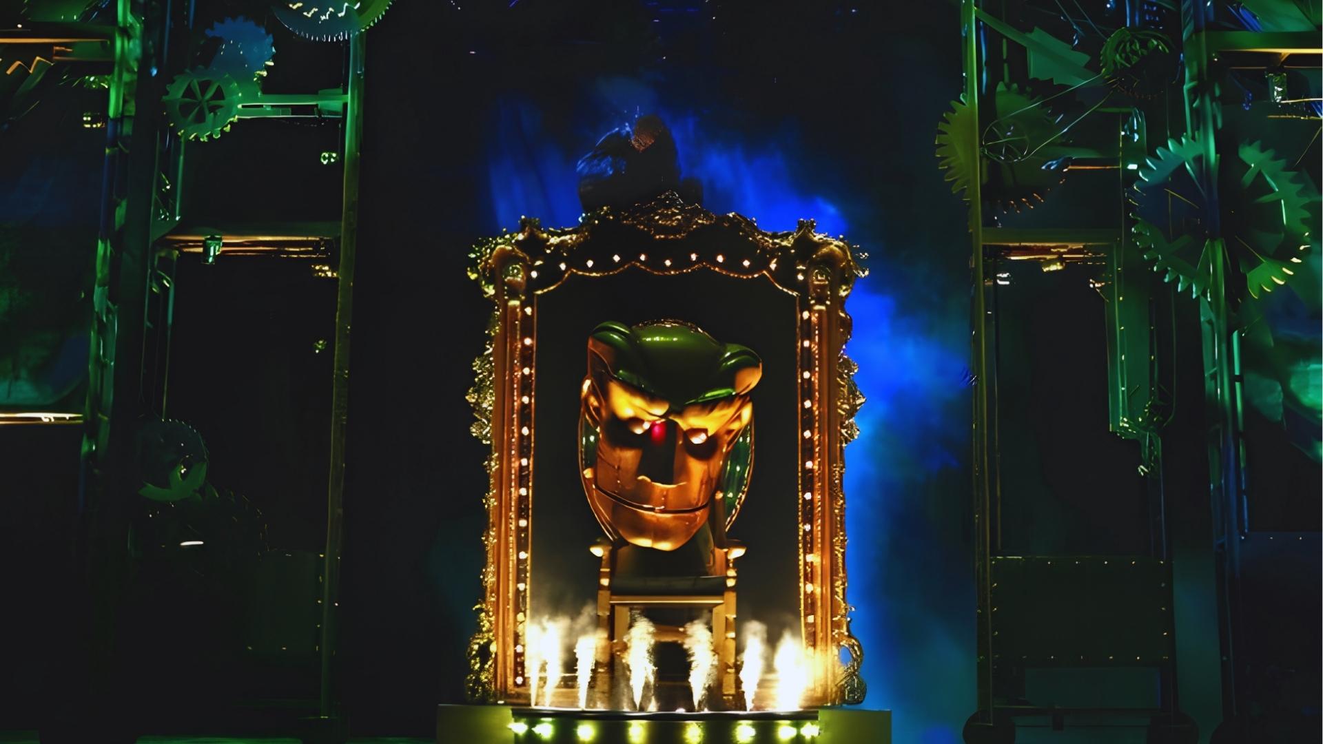 The Wizard’s mechanical head prop on throne in Emerald City, built at Sky Studios Elstree for Wicked.