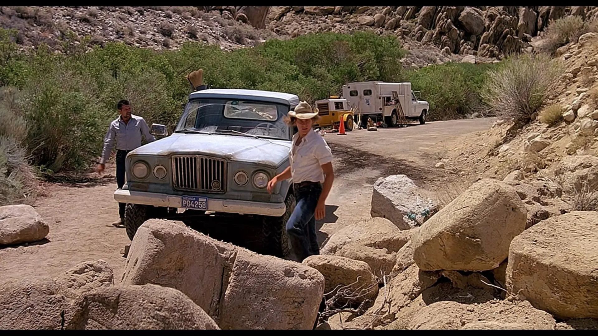 Tremors filming location in California's Alabama Hills with rocky desert scenery and a vintage truck.