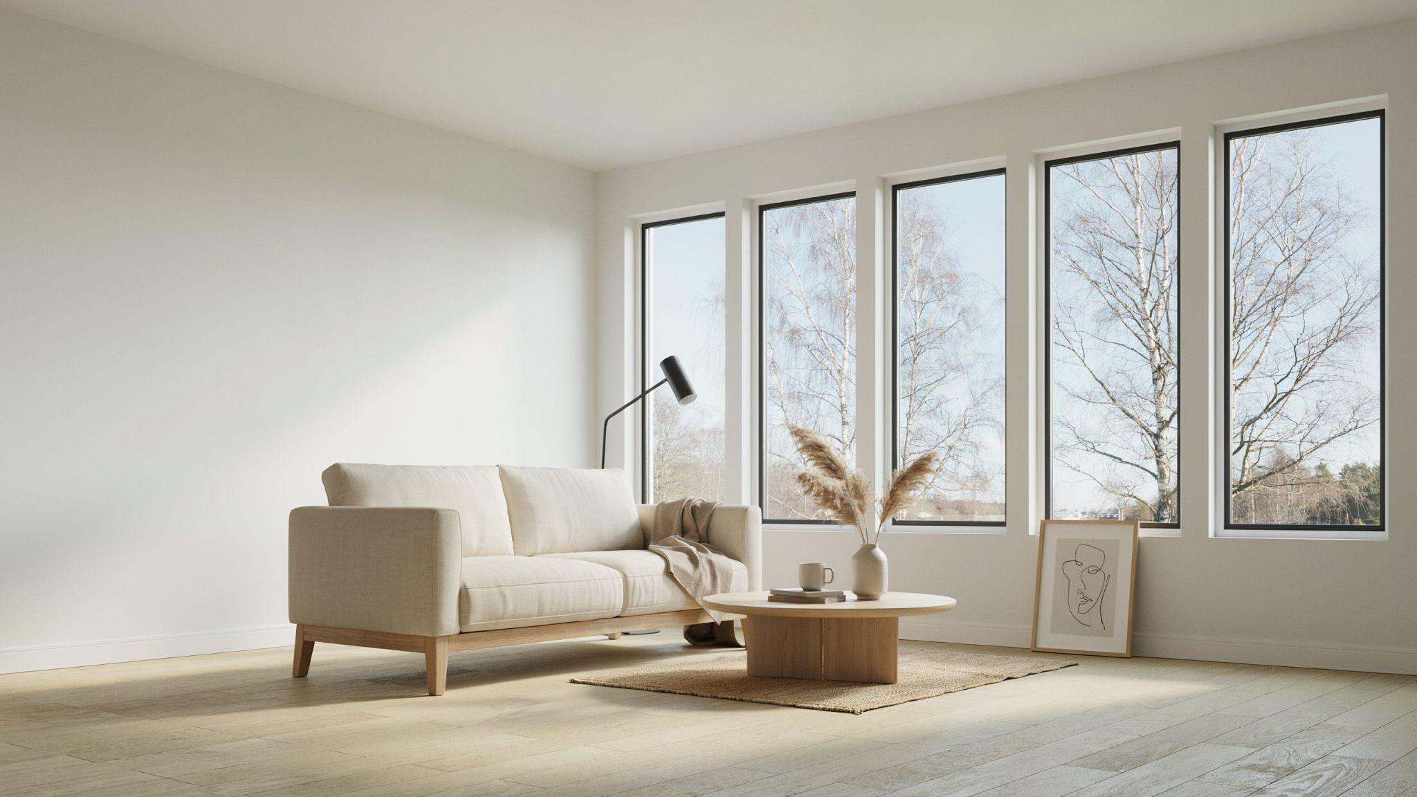 Thin minimalist window trim enhancing openness and modern Scandinavian interior aesthetics.