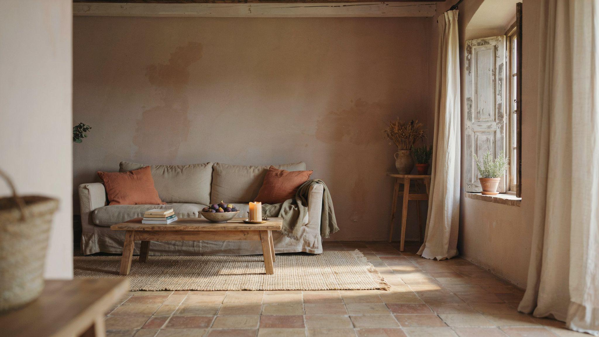 Mediterranean room with warm earth-tone colors like terracotta, sand, and olive in a sunlit natural interior.