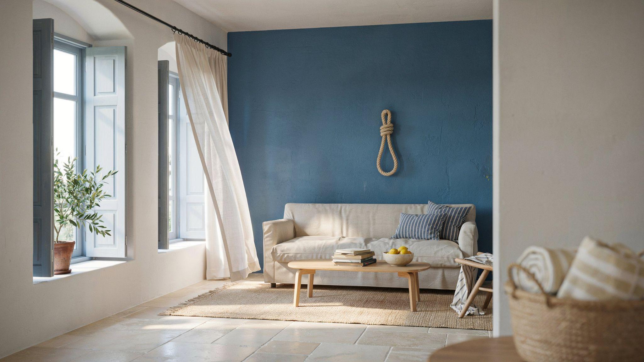 Coastal Mediterranean interior with white walls, blue accents, and light breezy seaside decor.