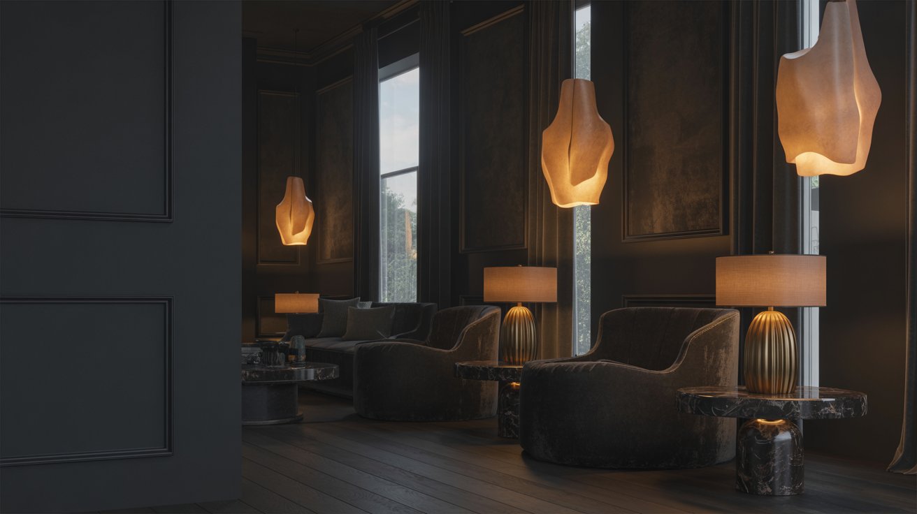 Black living room illuminated with layered lighting, lamps, sconces, and natural daylight.