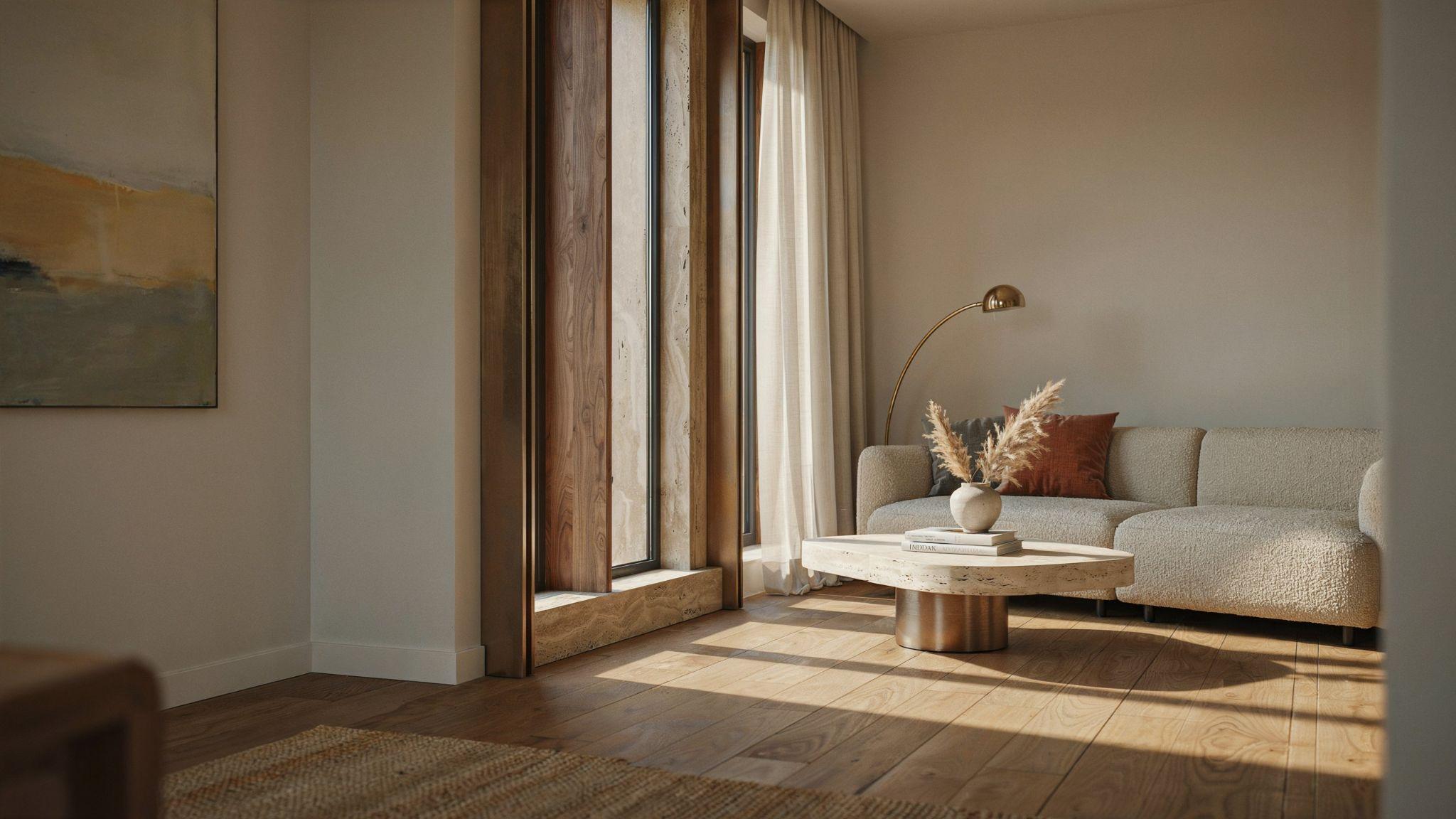 Contemporary mixed-material window trim blending wood metal and stone for visual interest.