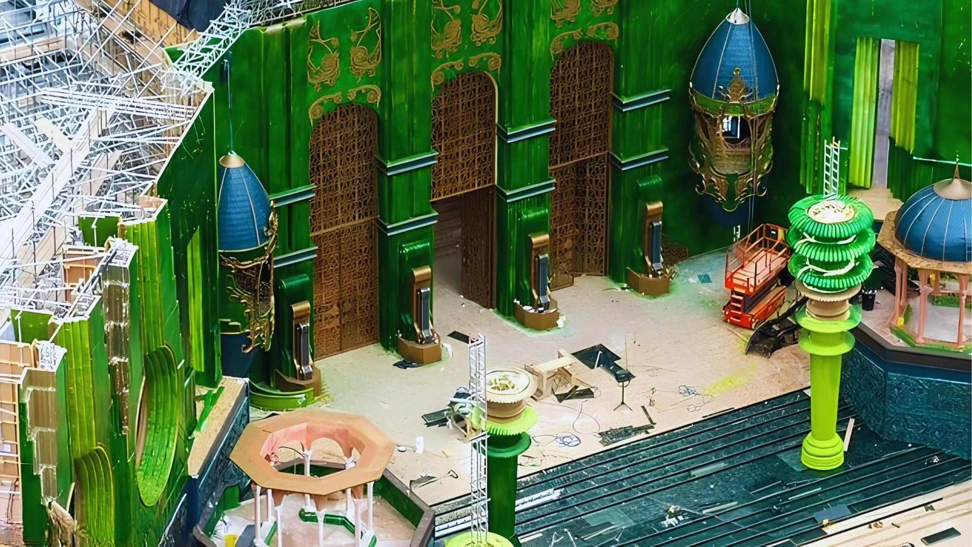 Emerald City gate set under construction at Sky Studios Elstree, UK, main Wicked filming location.