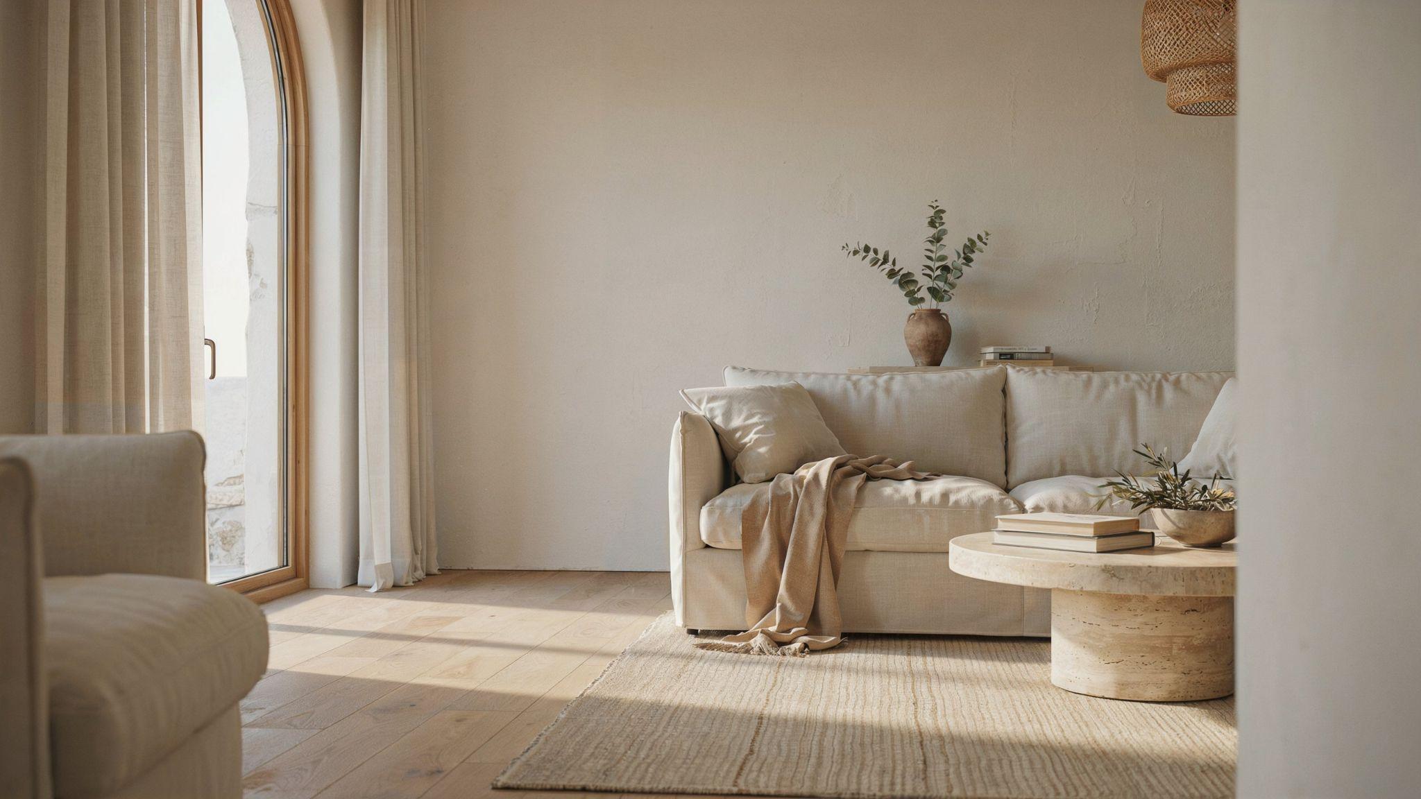 Mediterranean interior with beige and cream neutrals in a soft bright space.