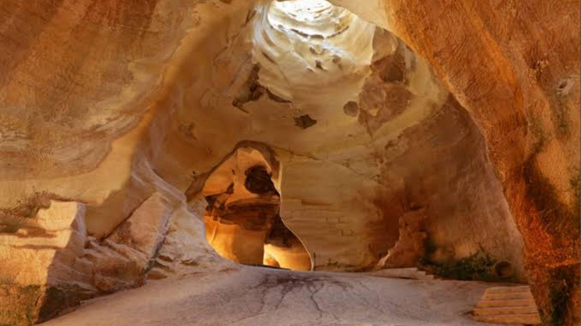 Interior of a bell-shaped cave with skylight at Beit Guvrin, Israel, filmed for Jesus Christ Superstar.