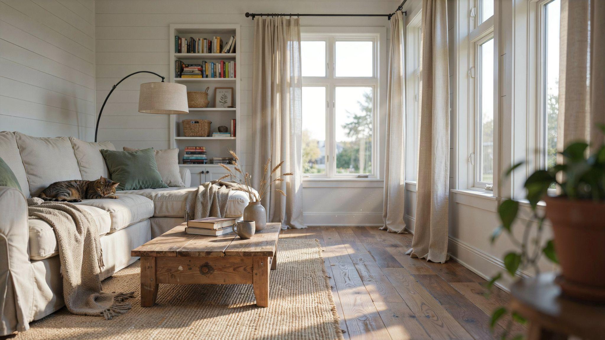 Farmhouse window trim with thick white casings and cozy rustic interior charm.