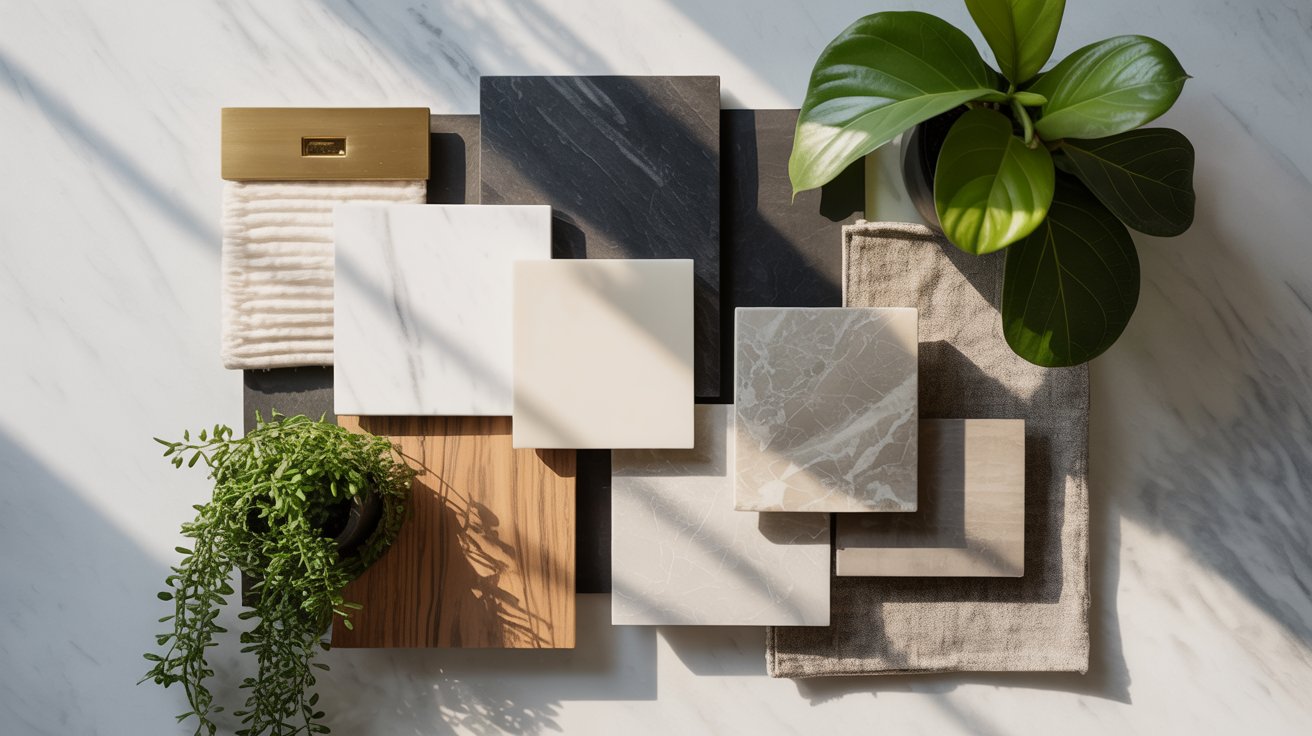 Interior design mood board showing black paired with white, wood, gold, gray, and green accents.