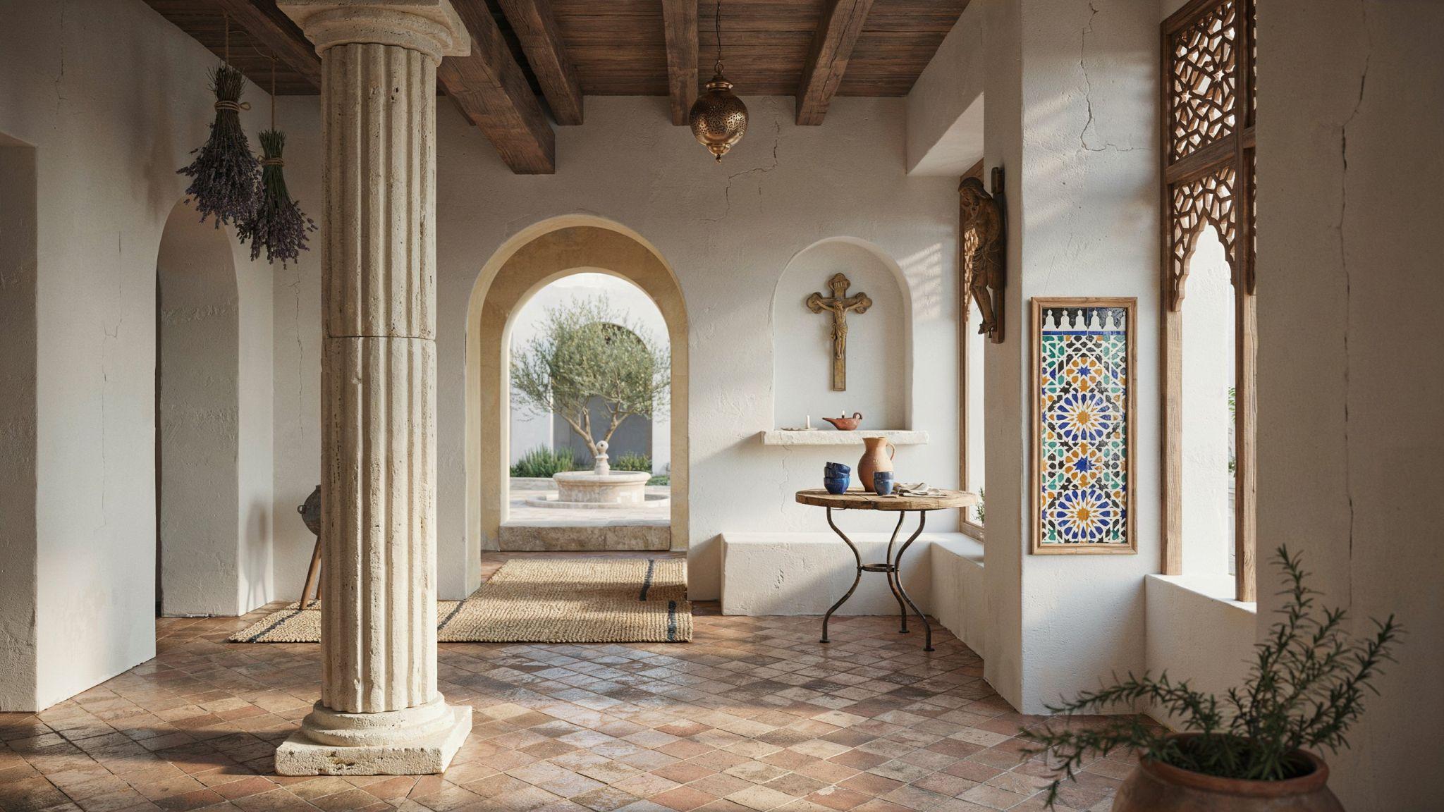 Mediterranean interior design history showing Greek, Roman, Spanish, Italian, and Moroccan influences with arches, courtyards, tiles, and warm natural materials.
