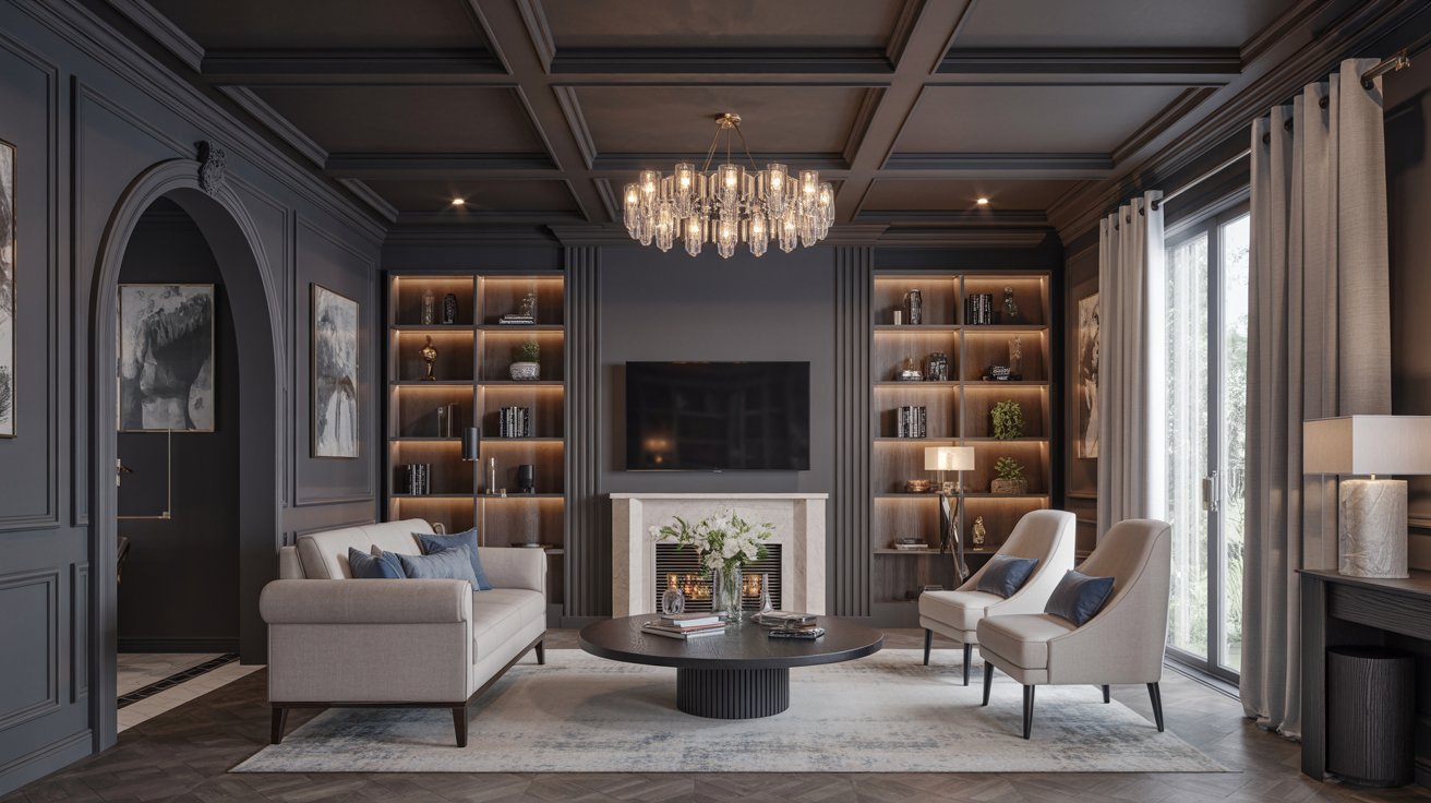 Living room with a black ceiling, decorative trim, and stylish furnishings.