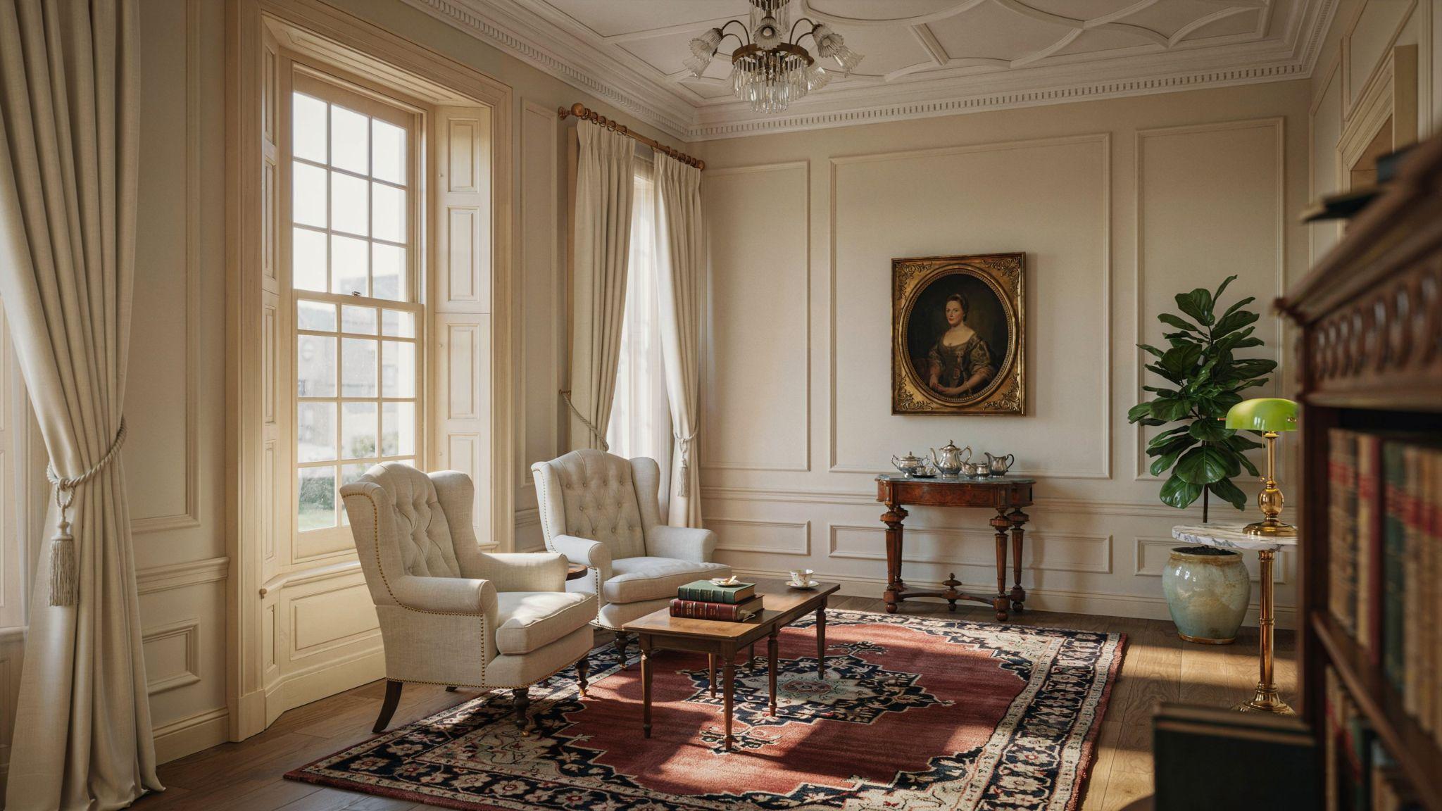 Colonial window trim showcasing decorative casings and traditional architectural elegance throughout.