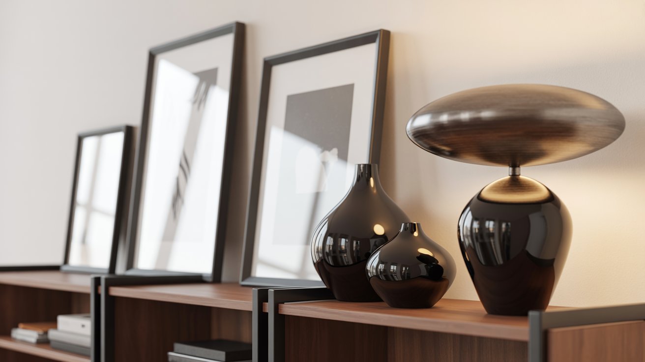 Collection of black home accessories including frames, lamps, vases, and decorative accents.