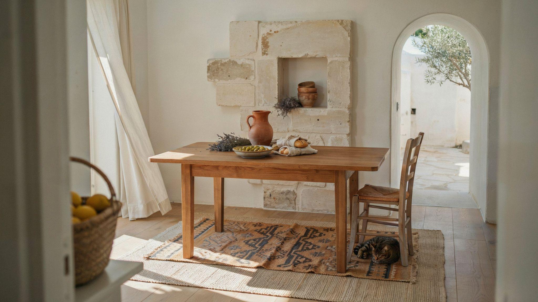 Mediterranean interior with wood, stone, and woven textures creating a warm natural space.