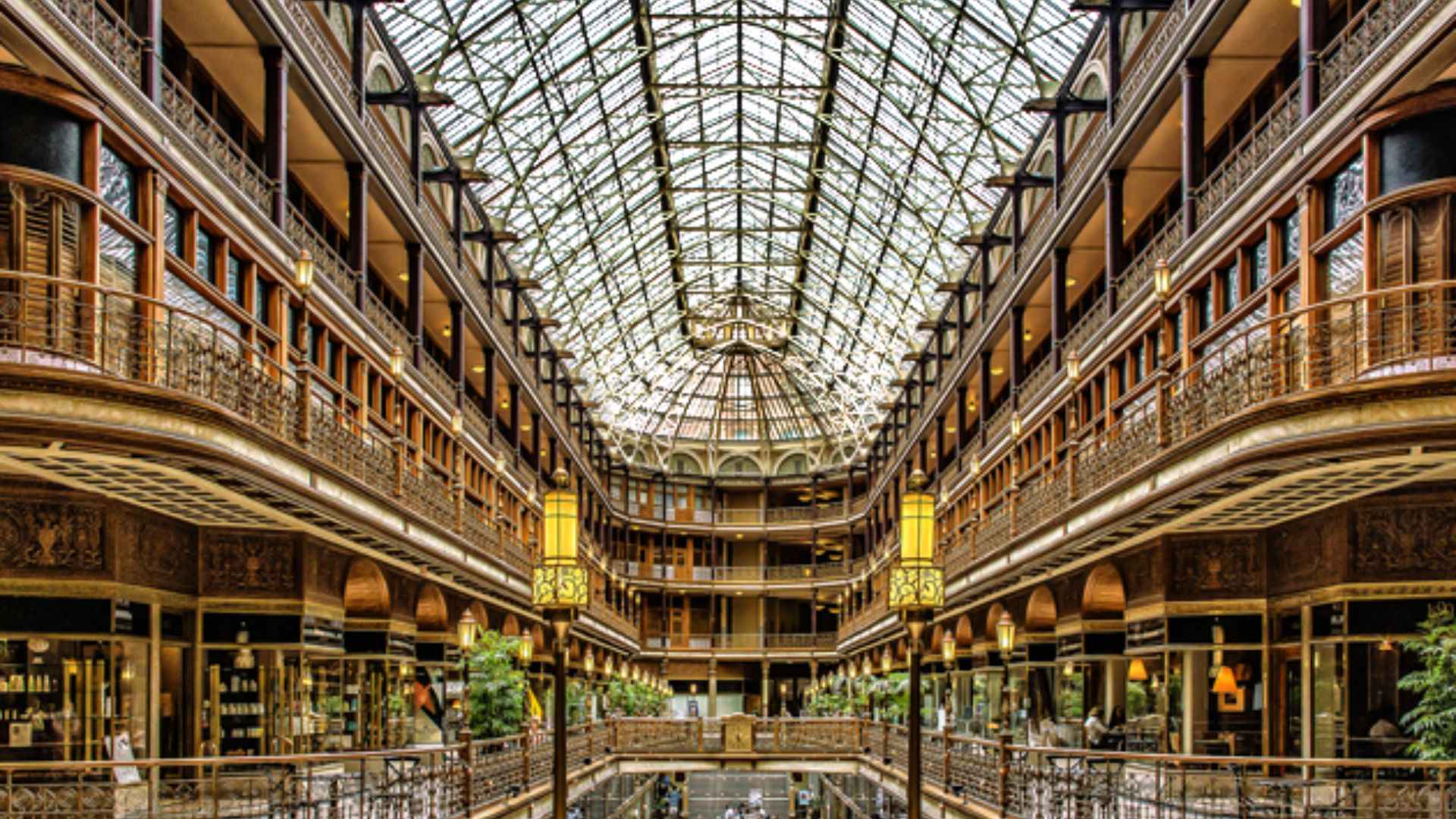 Interior of Cleveland Arcade showing five-story atrium with ornate ironwork and glass roof
