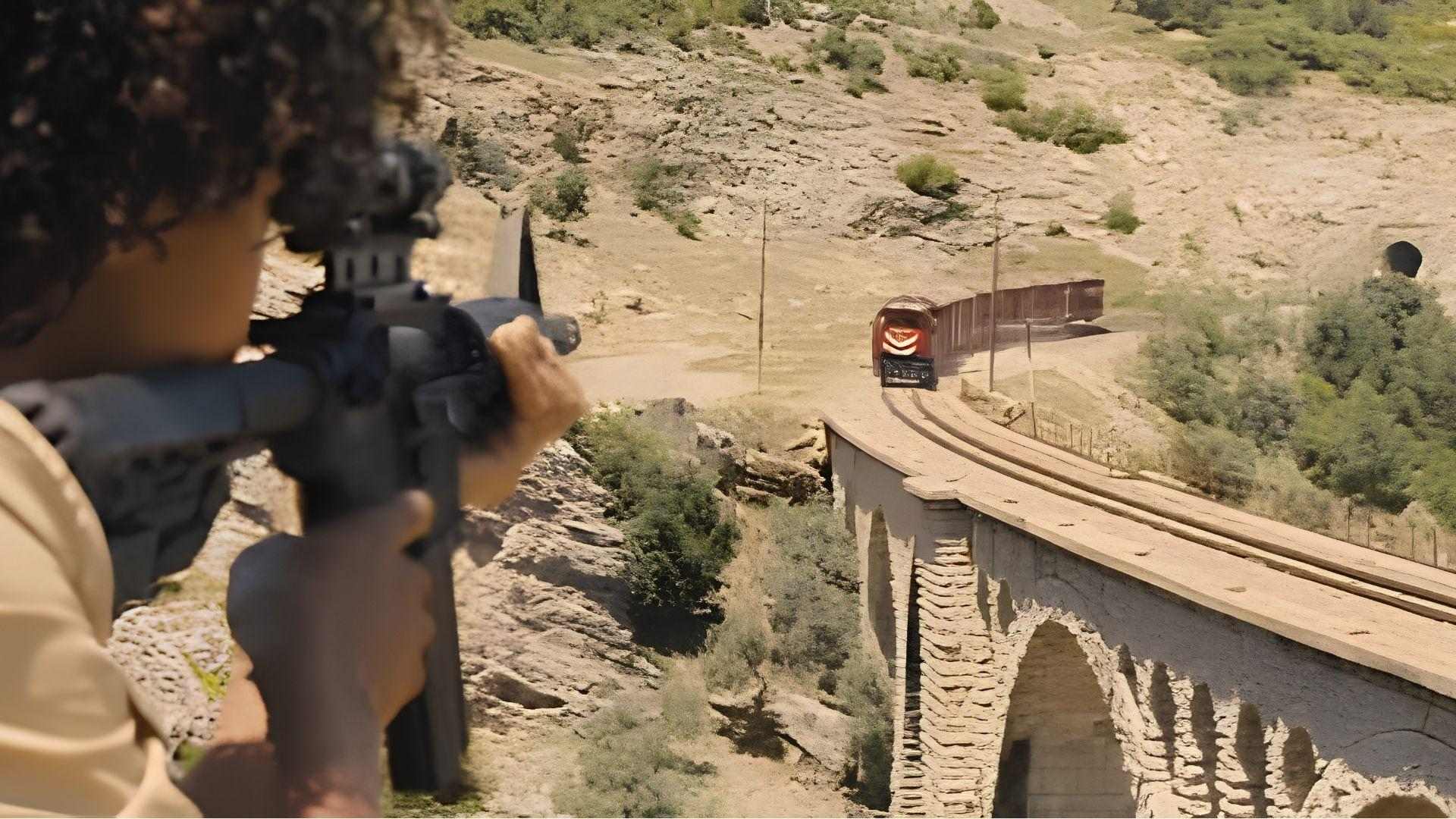 Sniper aiming at train on Varda Viaduct, Adana, Turkey in Skyfall
