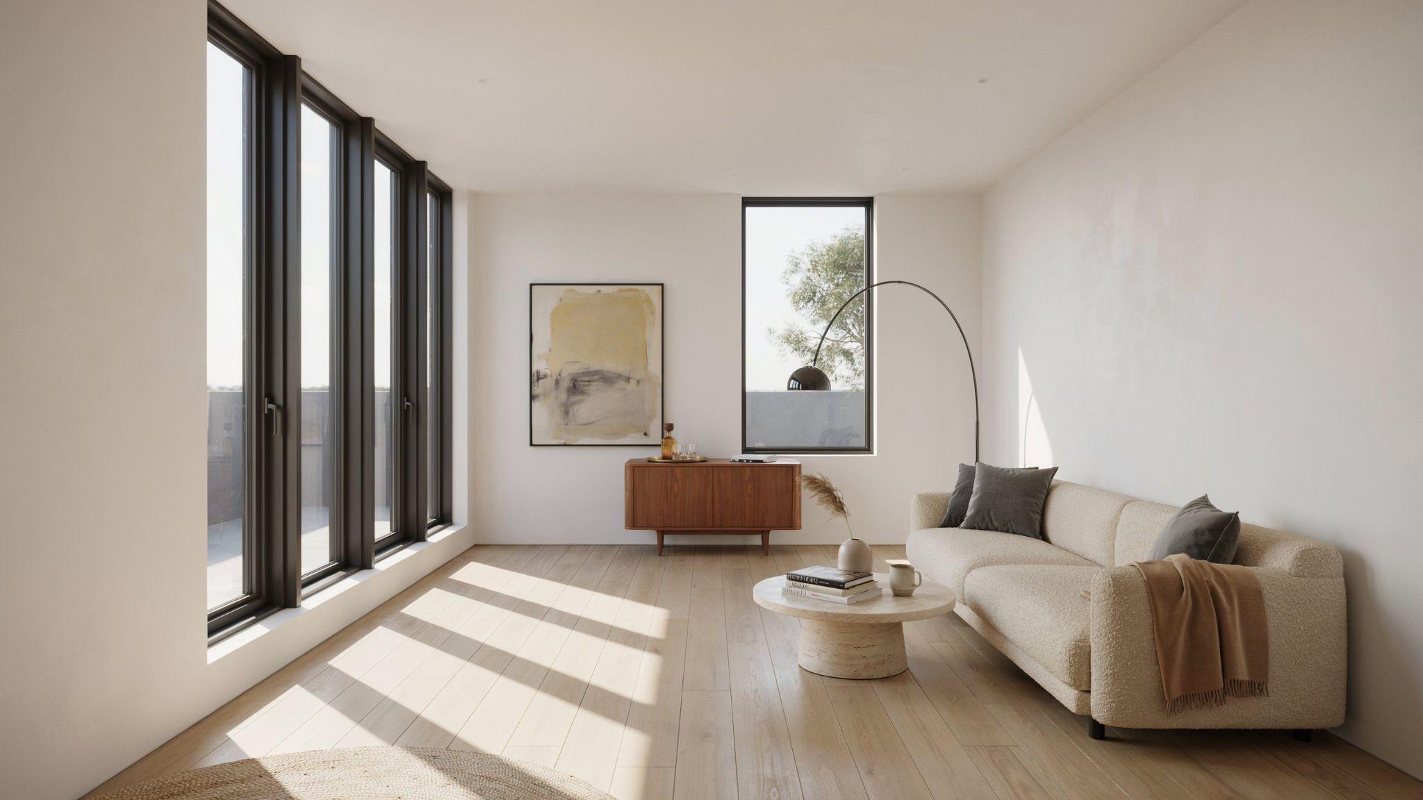 Black painted window trim adding dramatic contrast and modern visual appeal.