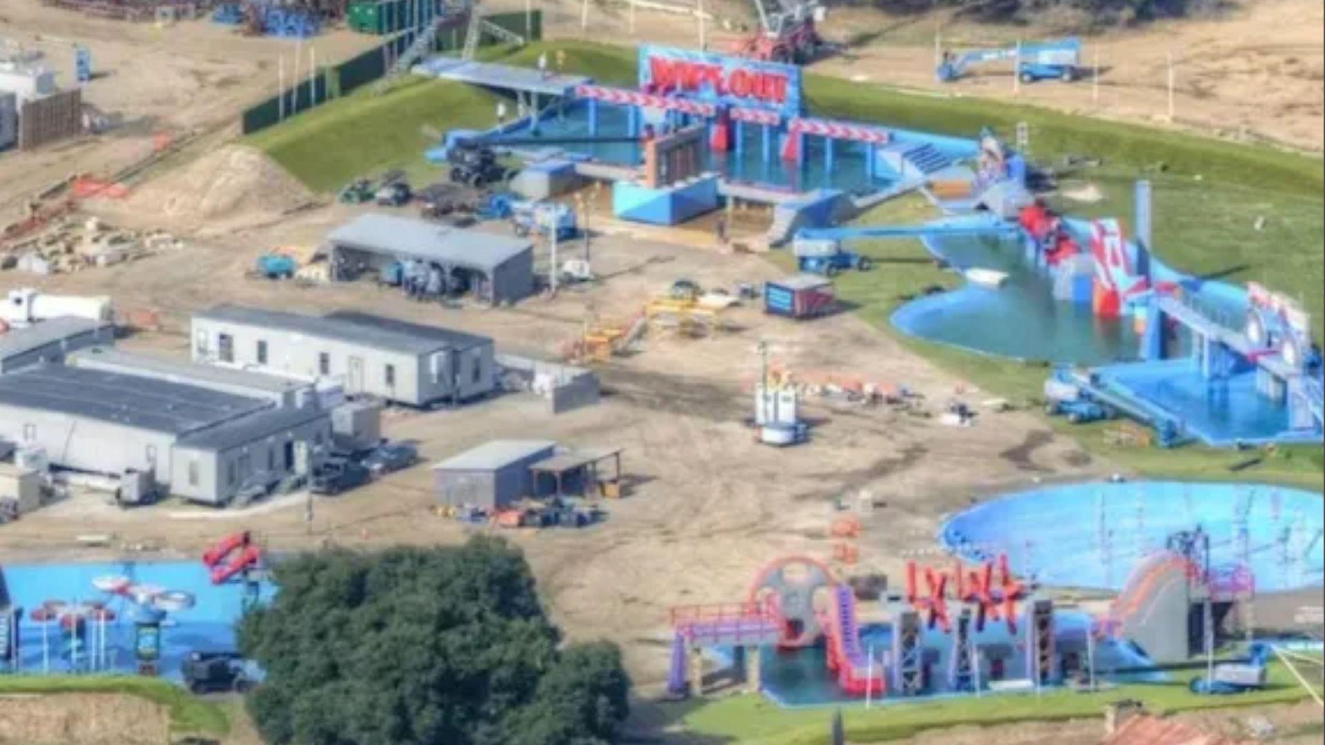 Aerial view of Wipeout TV set with pools, obstacles, and Wipeout sign at Sable Ranch
