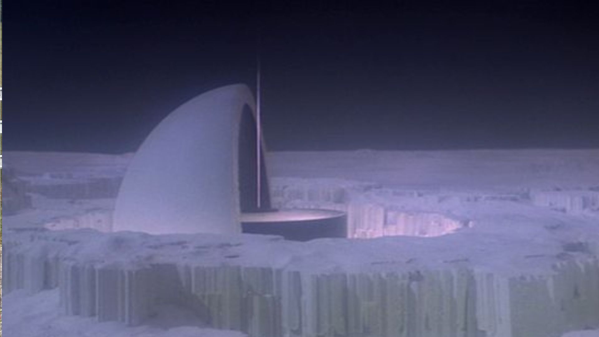 The 1978 Fortress of Solitude set, a crystal ice structure in a blue-lit snowy landscape